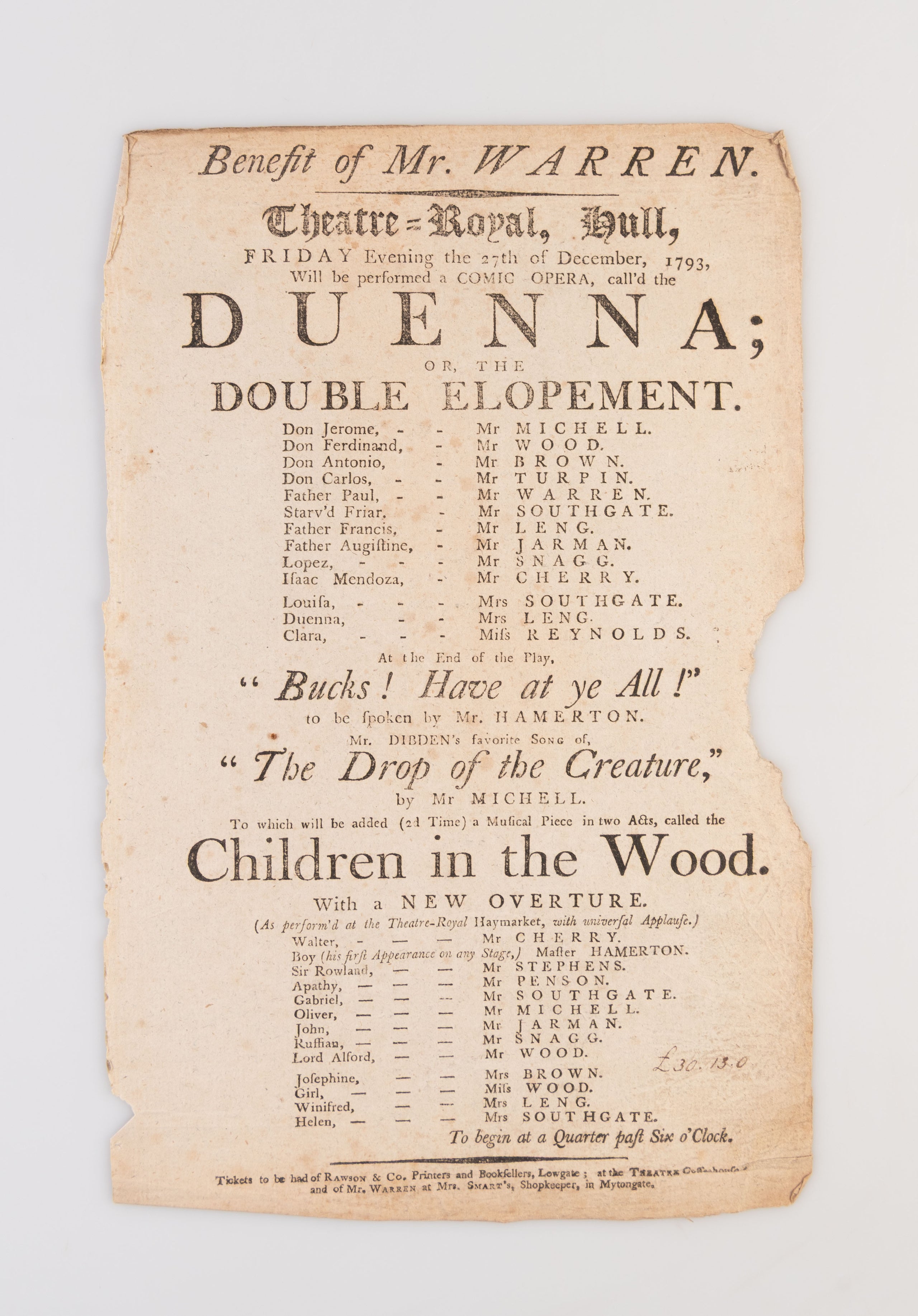 A collection of 18 18th-century theatrical playbills for various performances at the Theatre Royal, Hull.