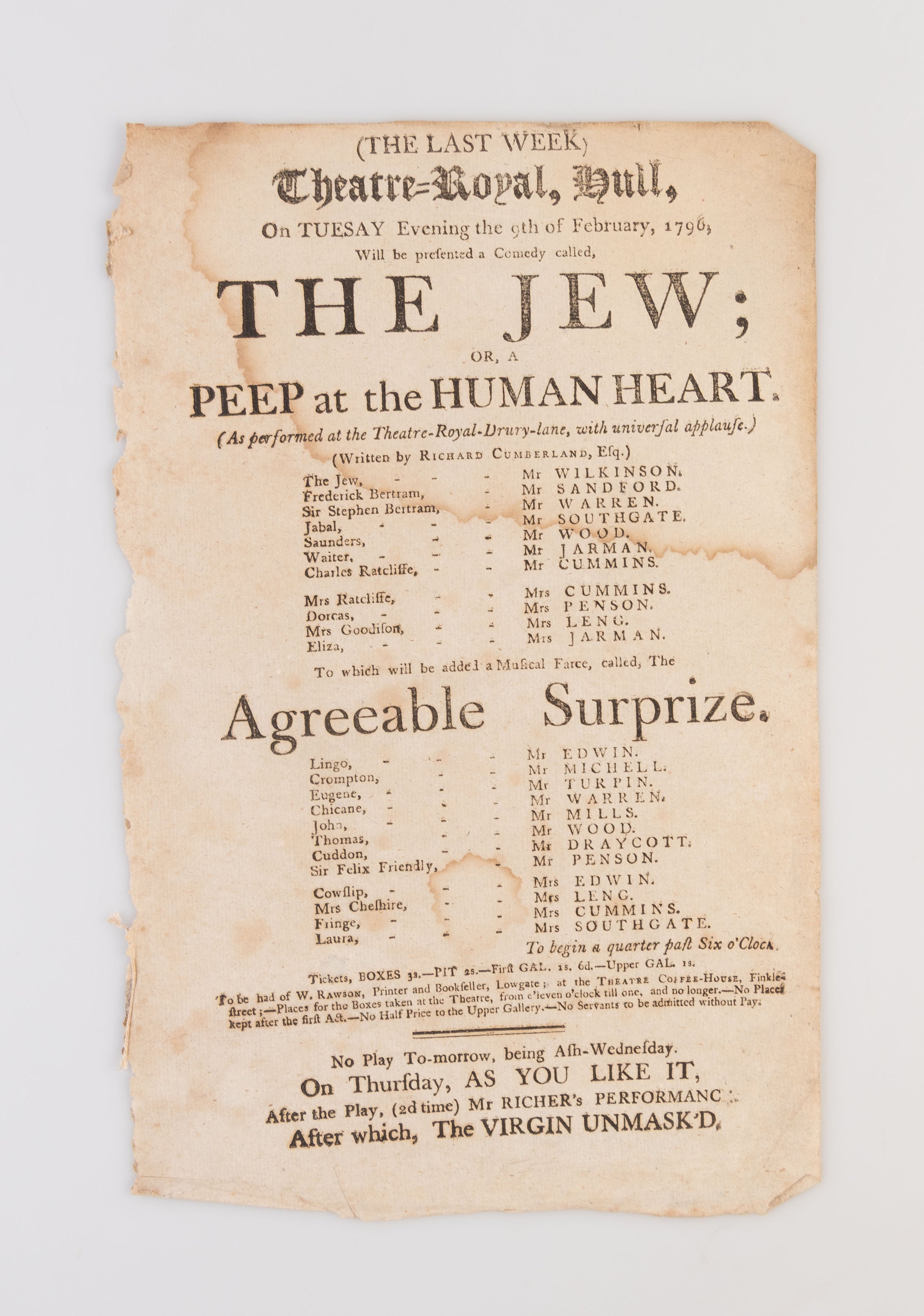 A collection of 18 18th-century theatrical playbills for various performances at the Theatre Royal, Hull.