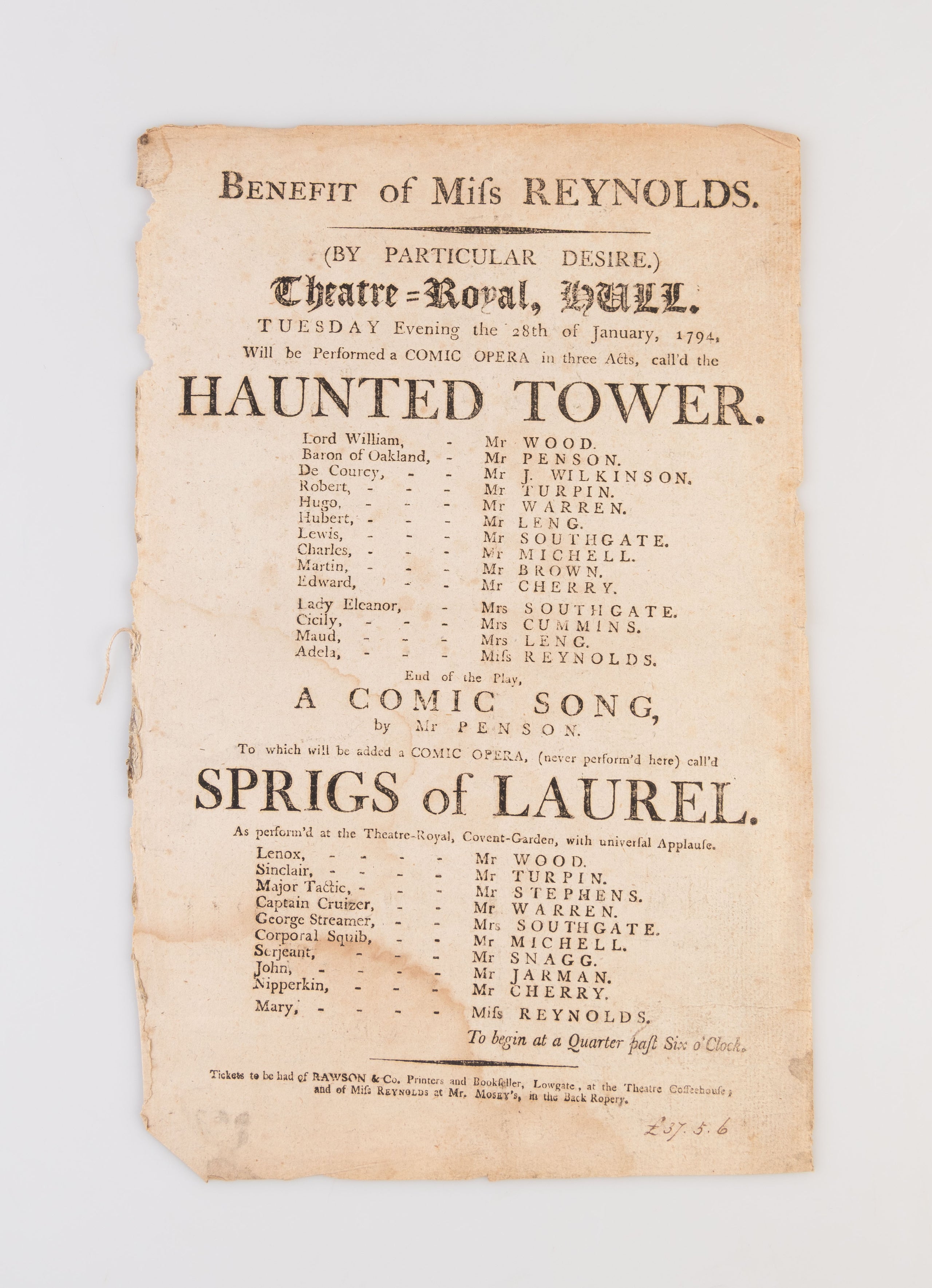 A collection of 18 18th-century theatrical playbills for various performances at the Theatre Royal, Hull.