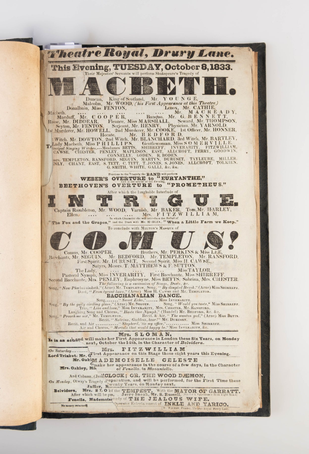 Album of 189 playbills for the Theatre Royal, Drury Lane, 1833-34.