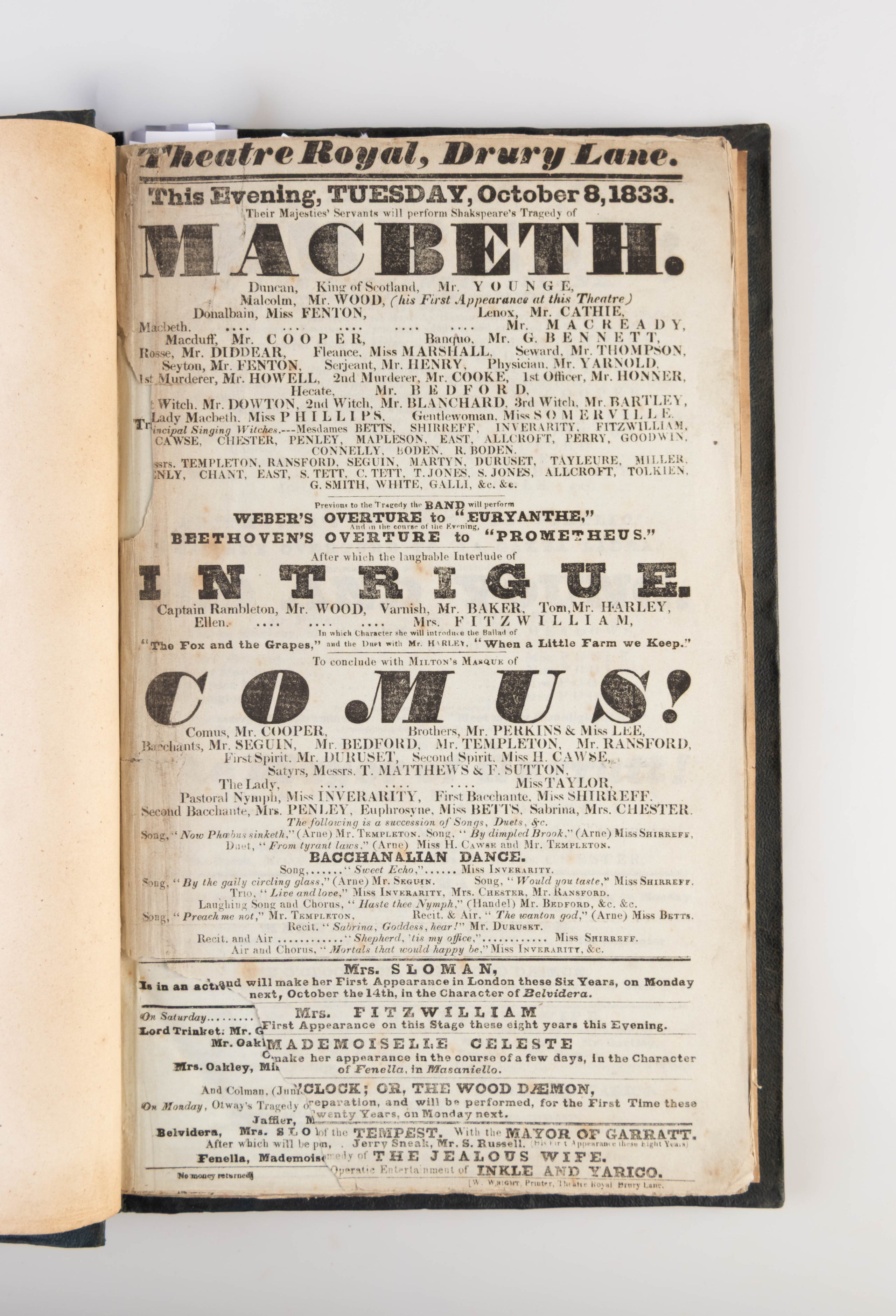 Album of 189 playbills for the Theatre Royal, Drury Lane, 1833-34.