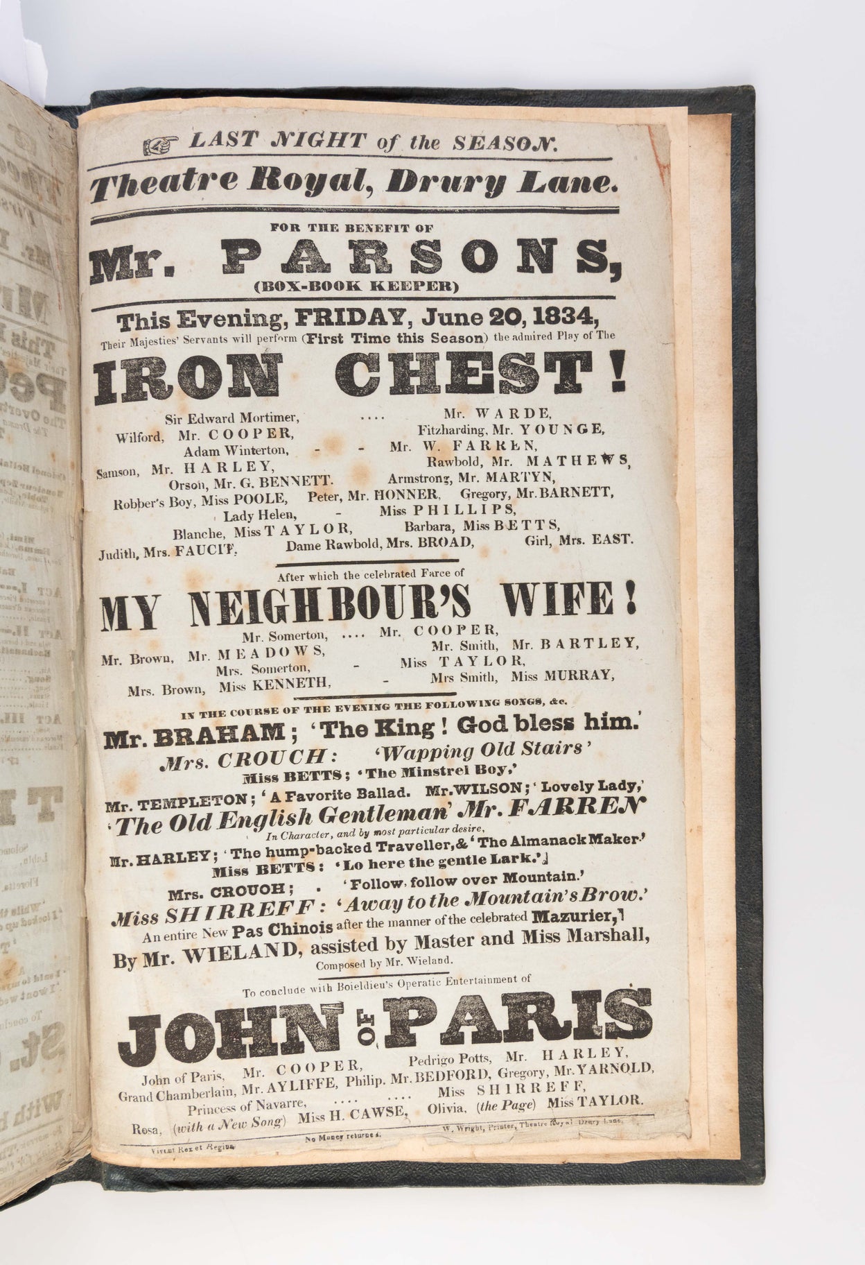 Album of 189 playbills for the Theatre Royal, Drury Lane, 1833-34.