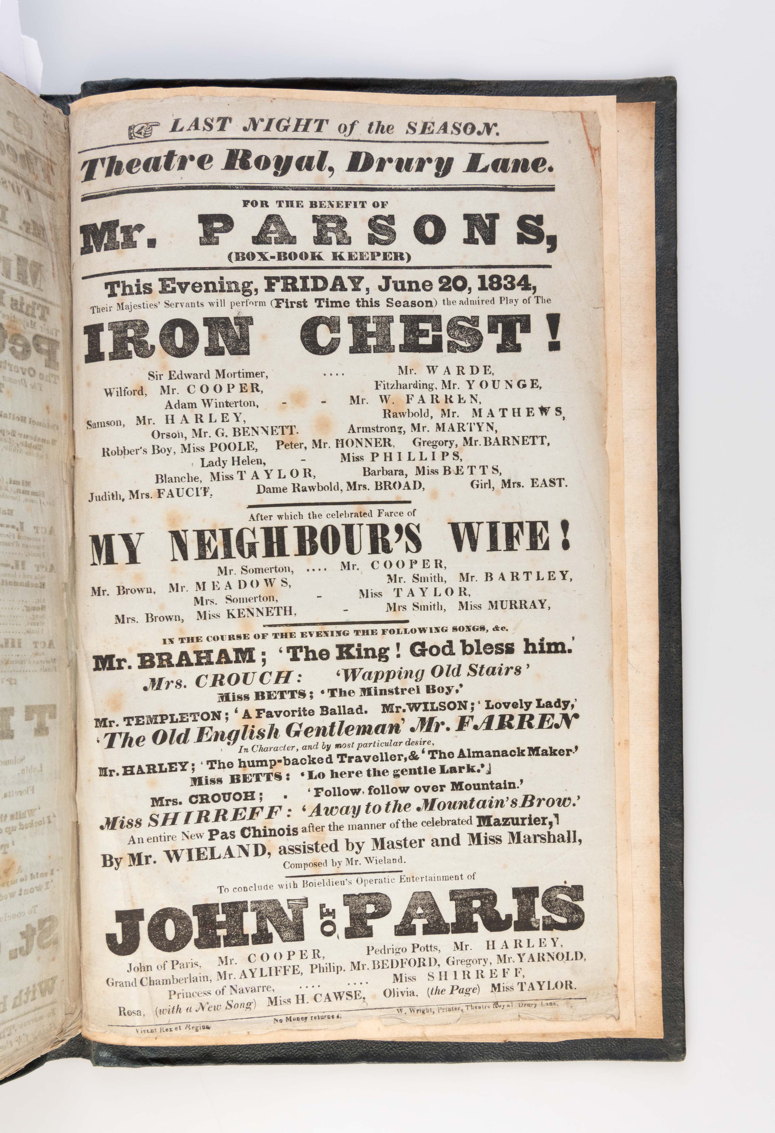 Album of 189 playbills for the Theatre Royal, Drury Lane, 1833-34.