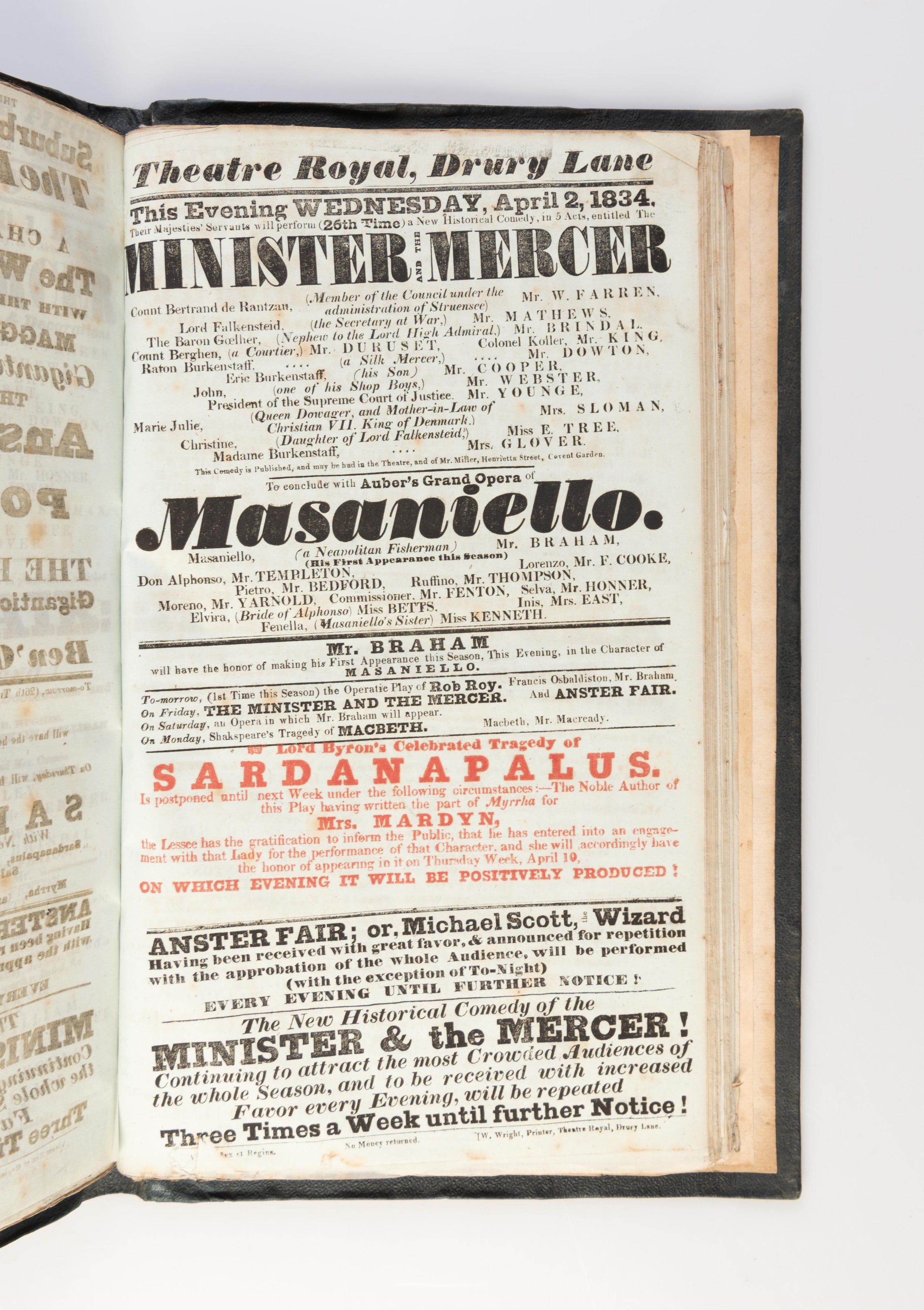 Album of 189 playbills for the Theatre Royal, Drury Lane, 1833-34.