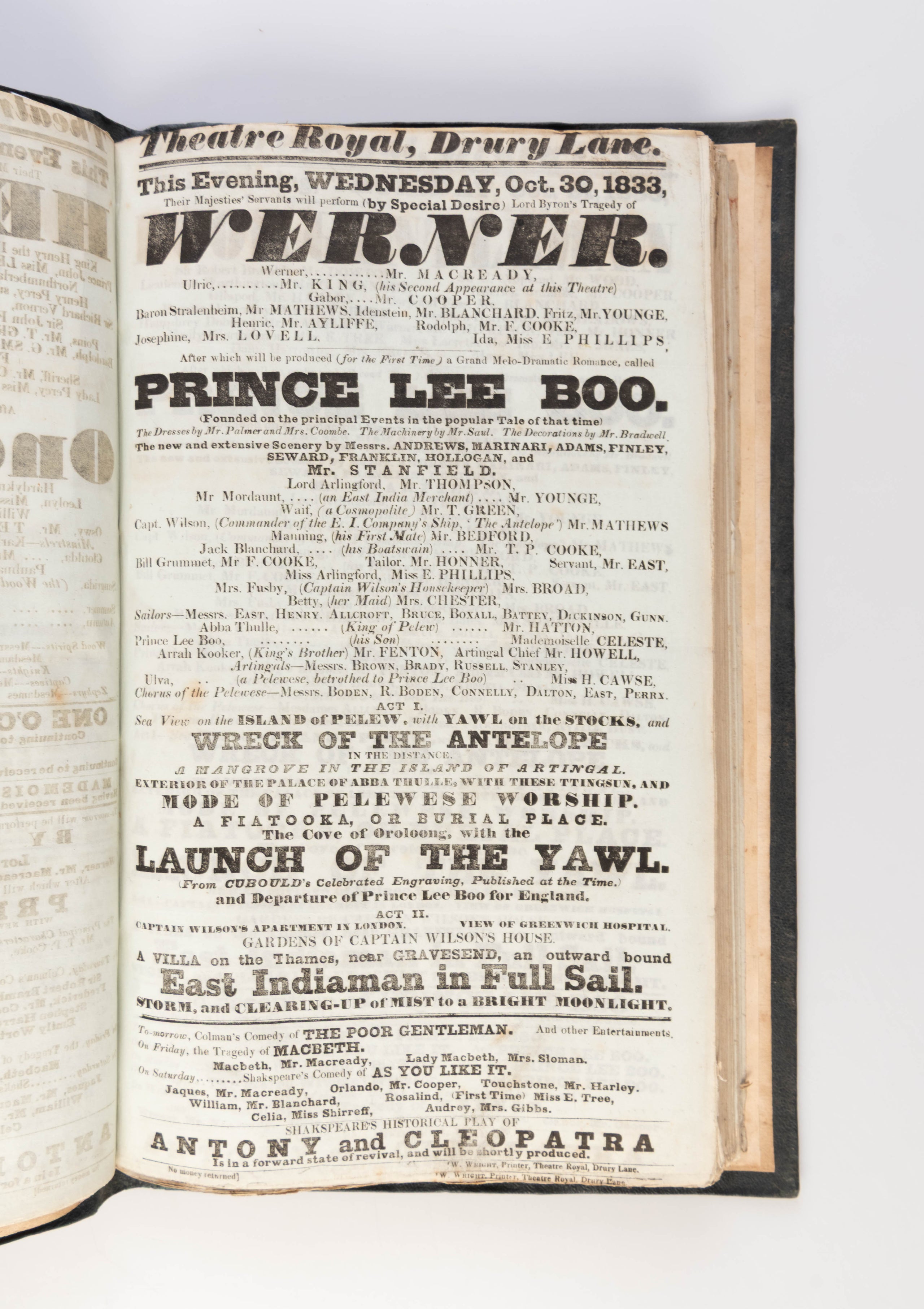 Album of 189 playbills for the Theatre Royal, Drury Lane, 1833-34.