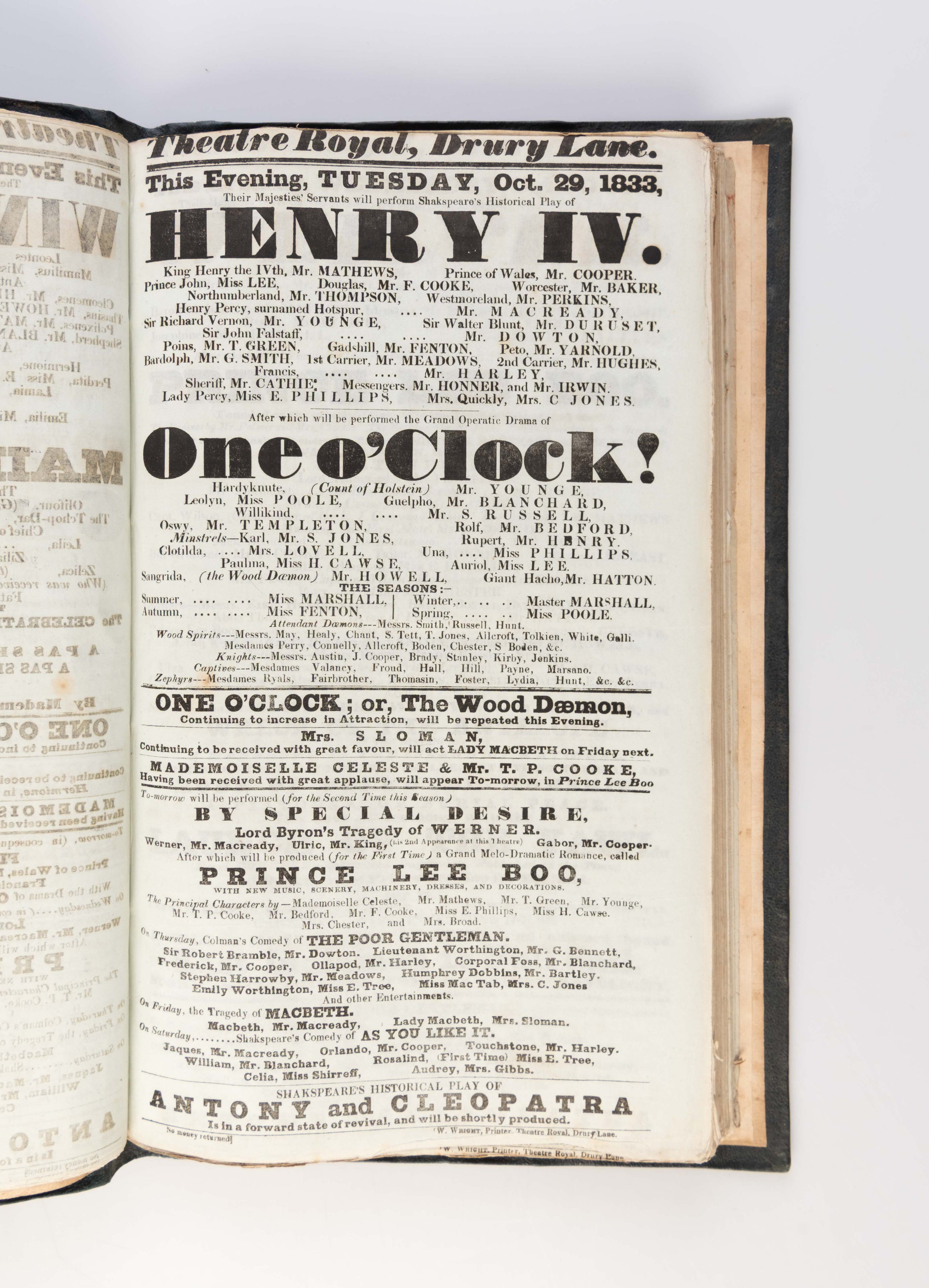 Album of 189 playbills for the Theatre Royal, Drury Lane, 1833-34.