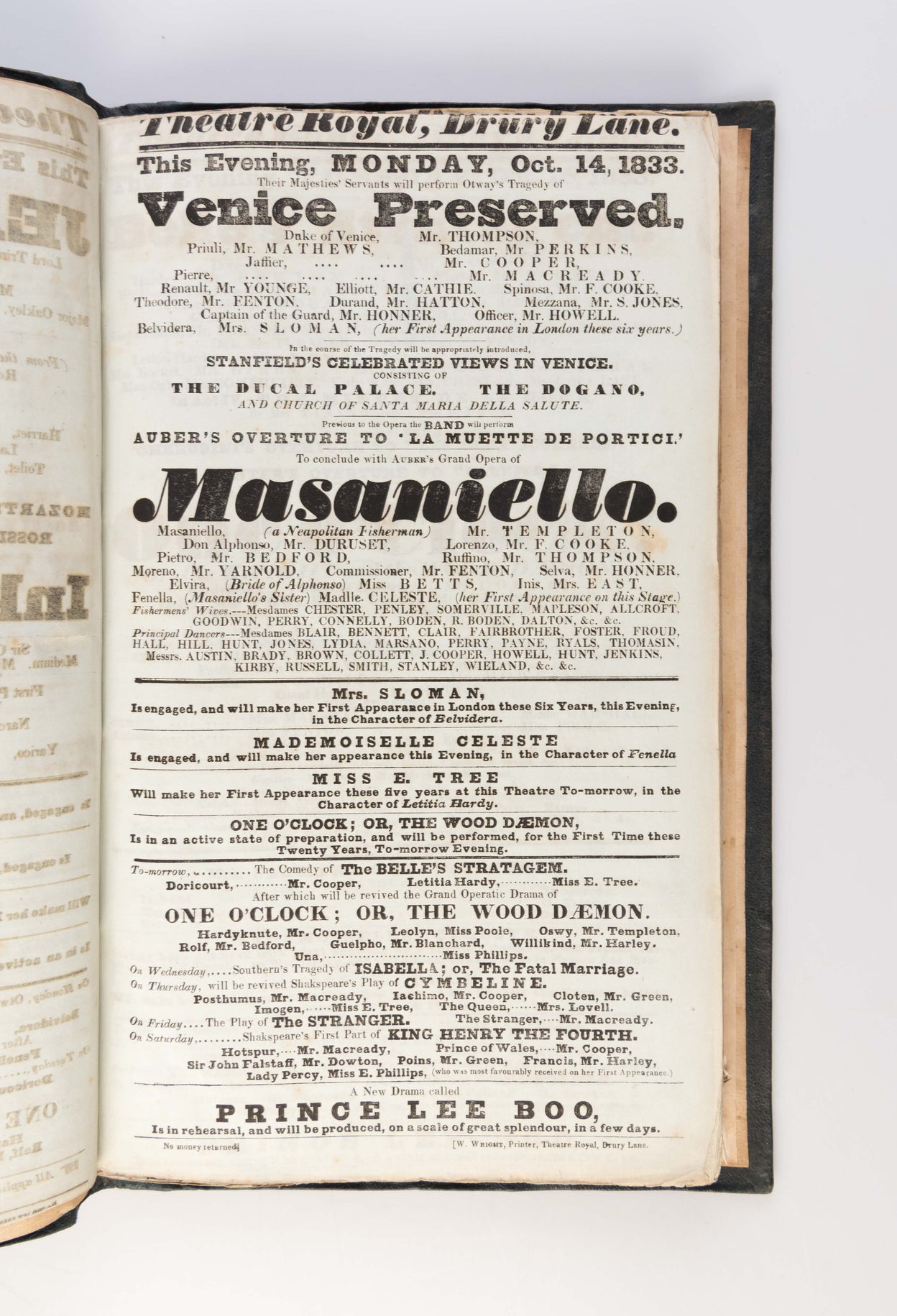 Album of 189 playbills for the Theatre Royal, Drury Lane, 1833-34.