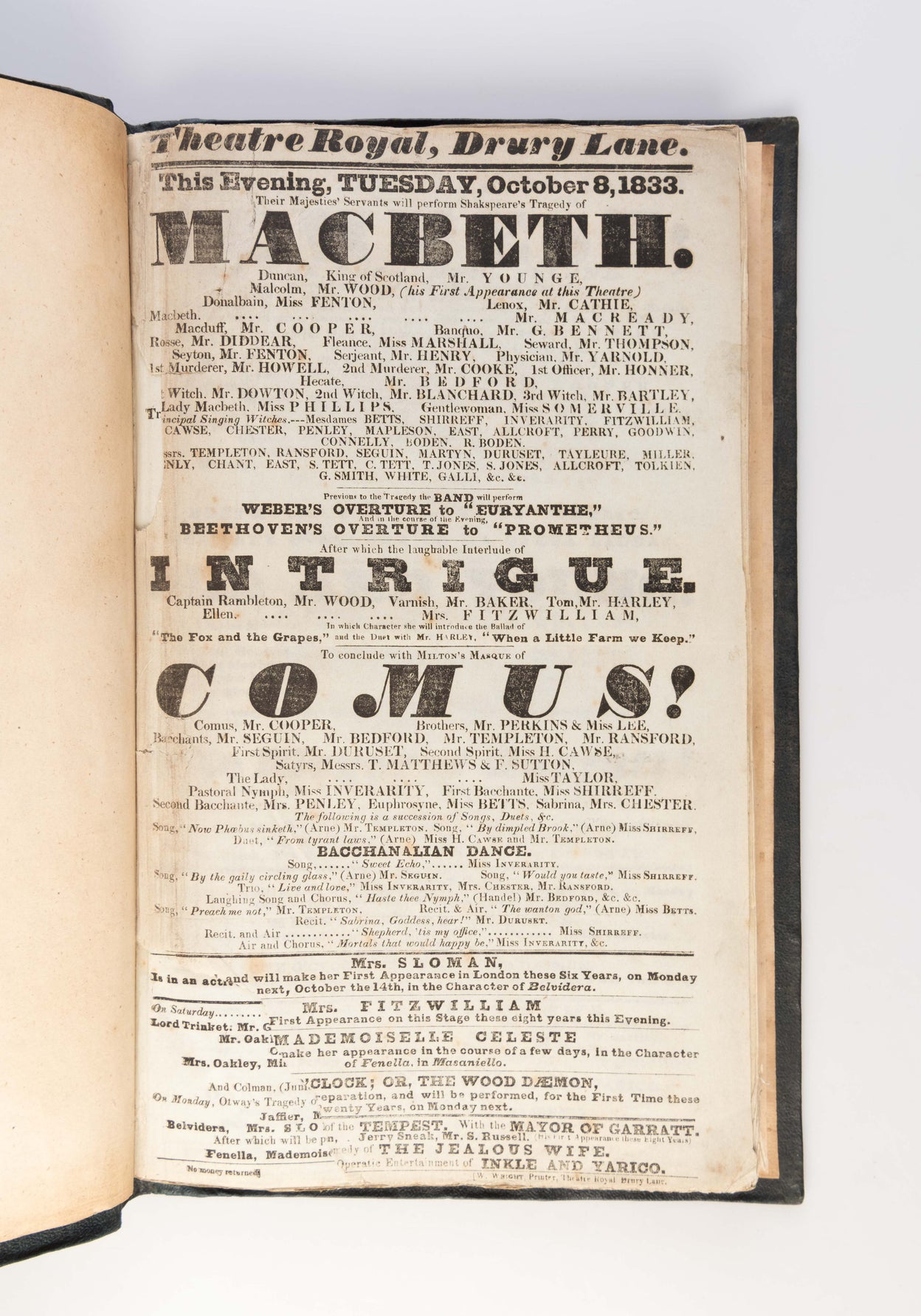Album of 189 playbills for the Theatre Royal, Drury Lane, 1833-34.