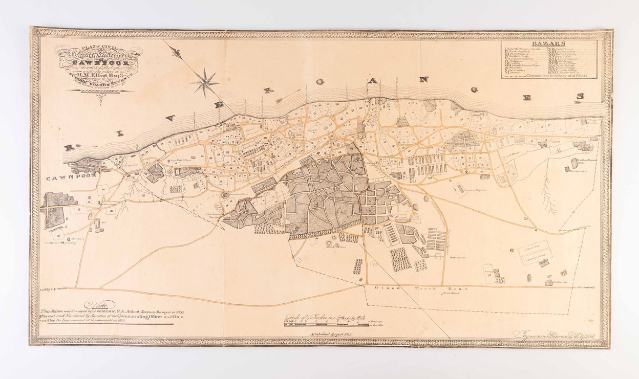 Plan of Civil and Military Cantonments of Cawnpoor Litho in the Supt of Reve. Survs. Office under the orders of H.M. Elliot Secretary to the Sudder Board of Revenue North Western Provinces in charge ...