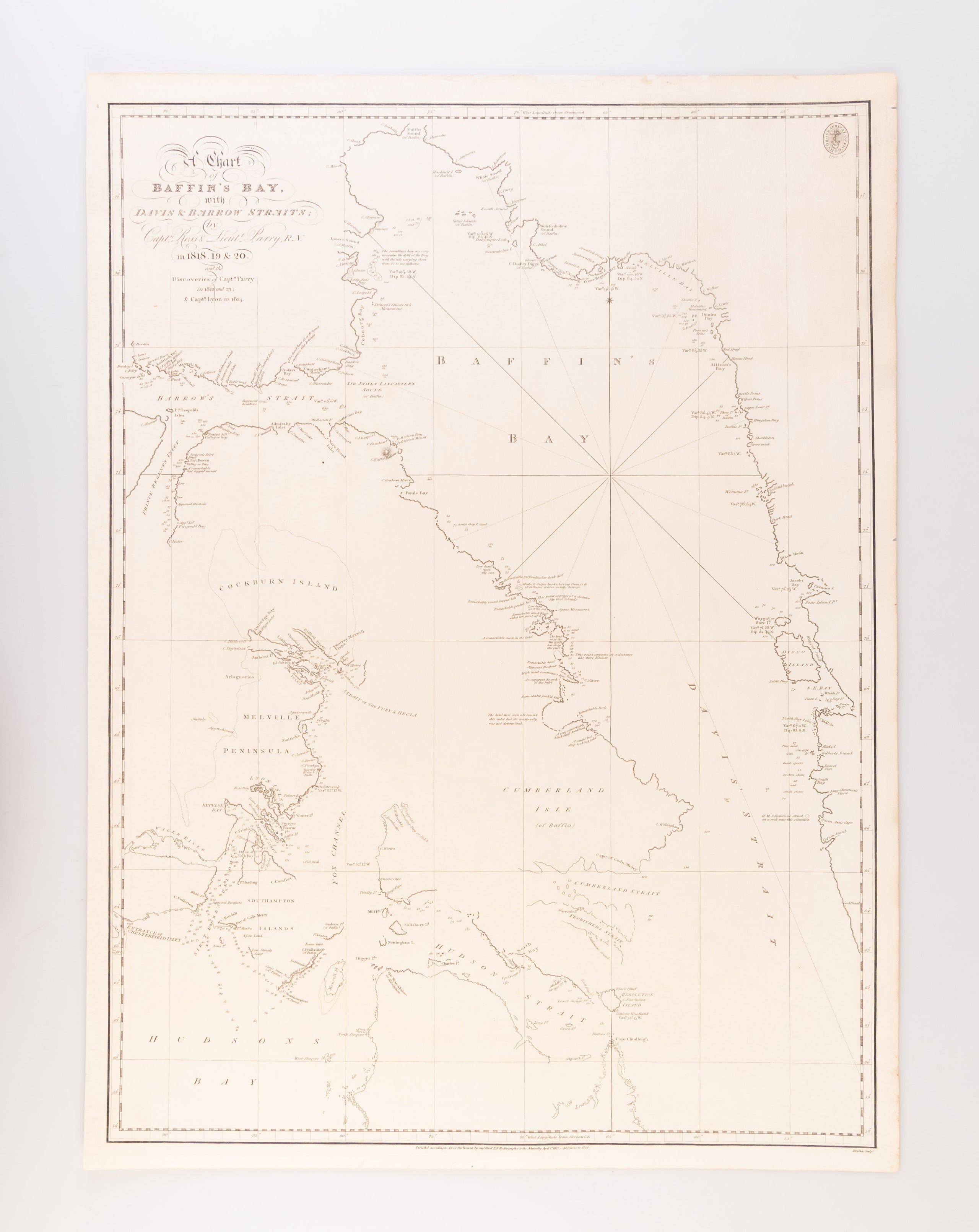 A Chart of Baffin's Bay with Davis & Barrow Straits; by Captn. Ross & Lieut Parry R.N., in 1818, 19 & 20, and the Discoveries of Captn. Parry in 1822 and 23 & Captn. Lyon in 1824.