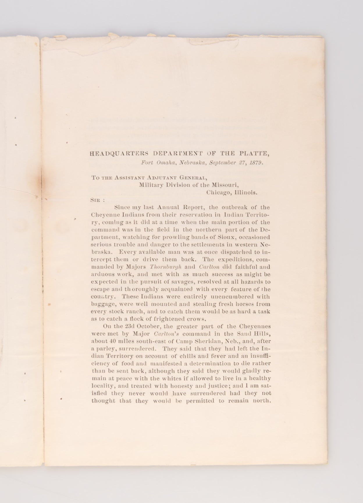 Annual Report of Brigadier General George Crook. Military Operations Department of the Platte [wrapper title].