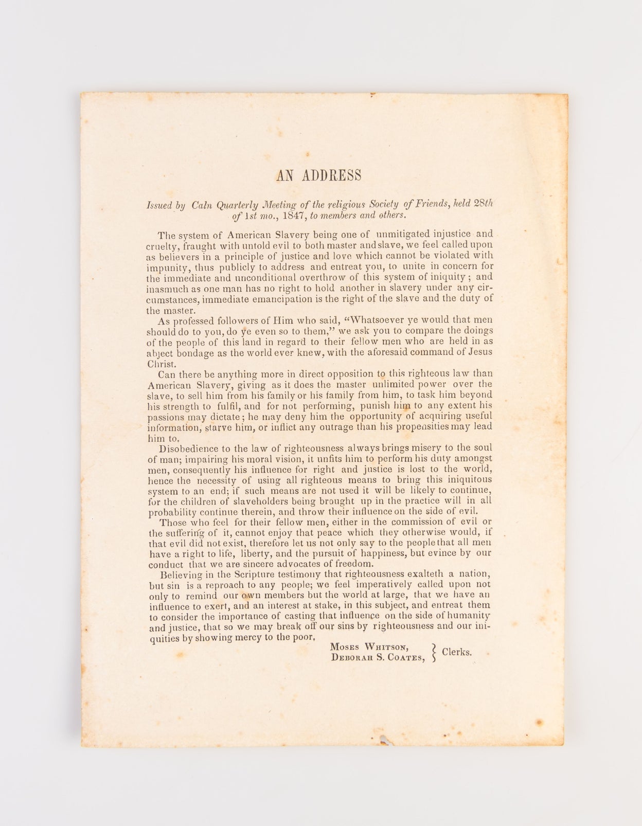 An Address: Issued by Caln Quarterly Meeting of the Religious Society of Friends, held 28th of 1st mo., 1847, to members and others.