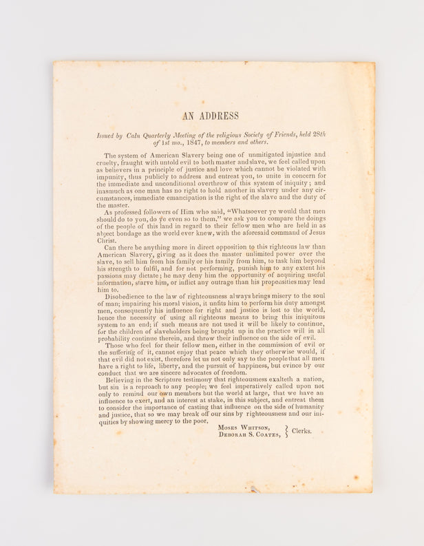 An Address: Issued by Caln Quarterly Meeting of the Religious Society of Friends, held 28th of 1st mo., 1847, to members and others.