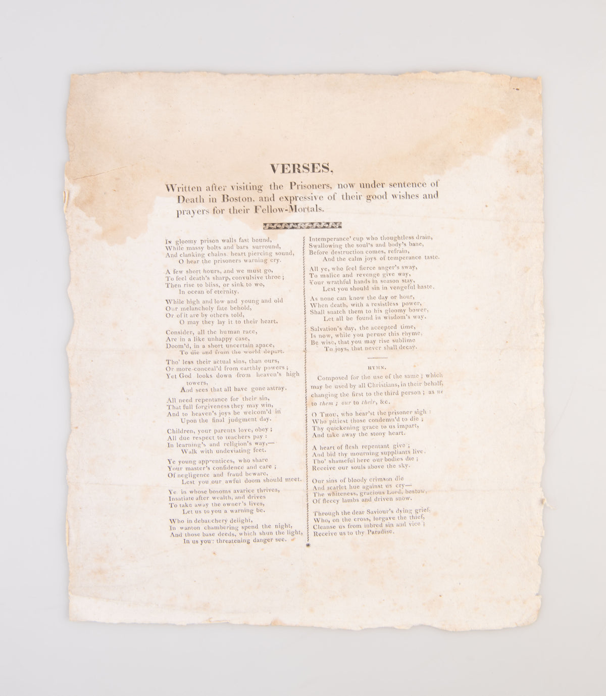 Verses, Written after visiting the Prisoners, now under sentence of Death in Boston, and expressive of their good wishes and prayer of their Fellow-Mortals.