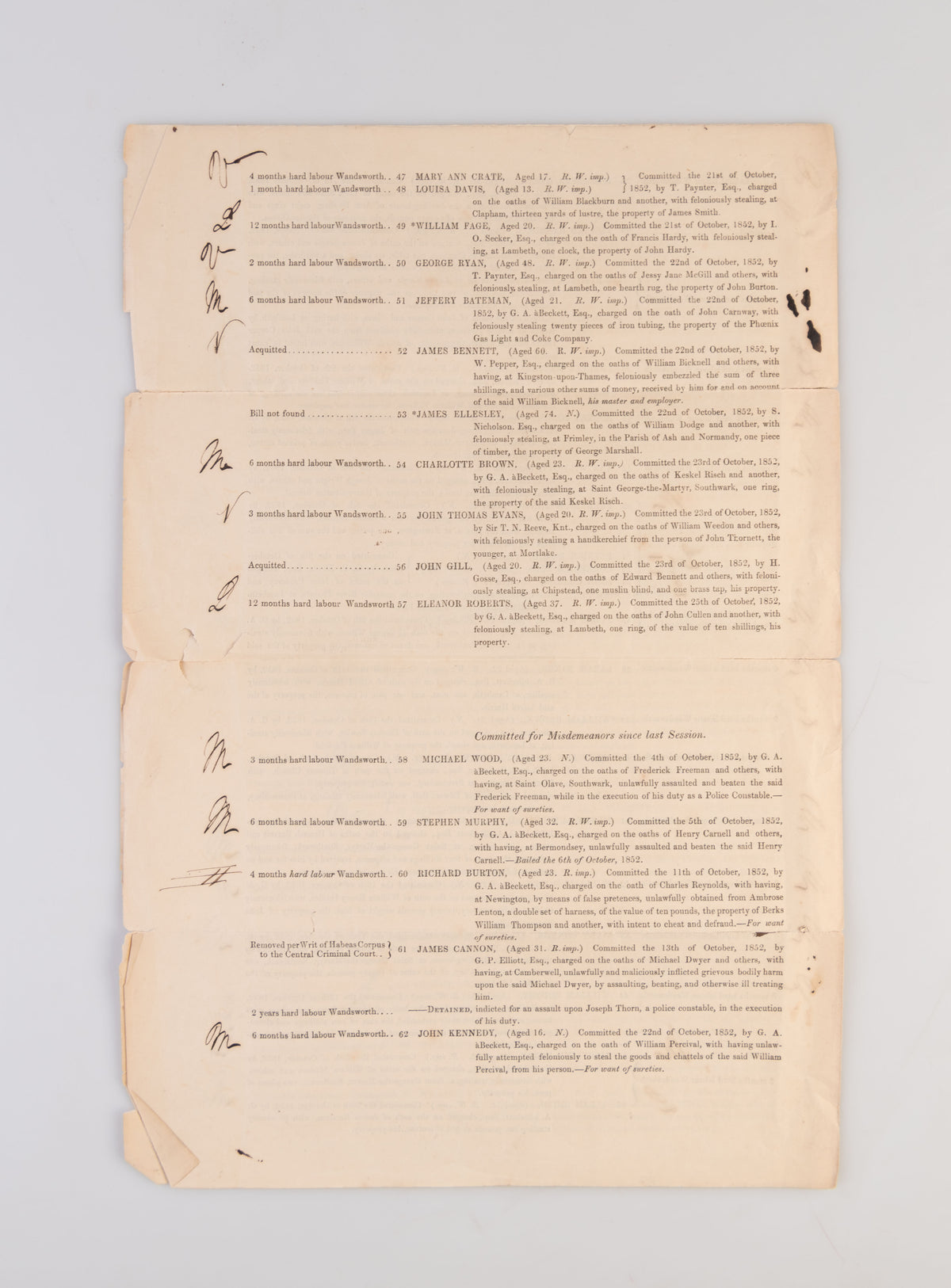 A Calendar of the Prisoners, for the Adjourned Quarter Session, at Newington, on Monday, the 25th Day of October, 1852.