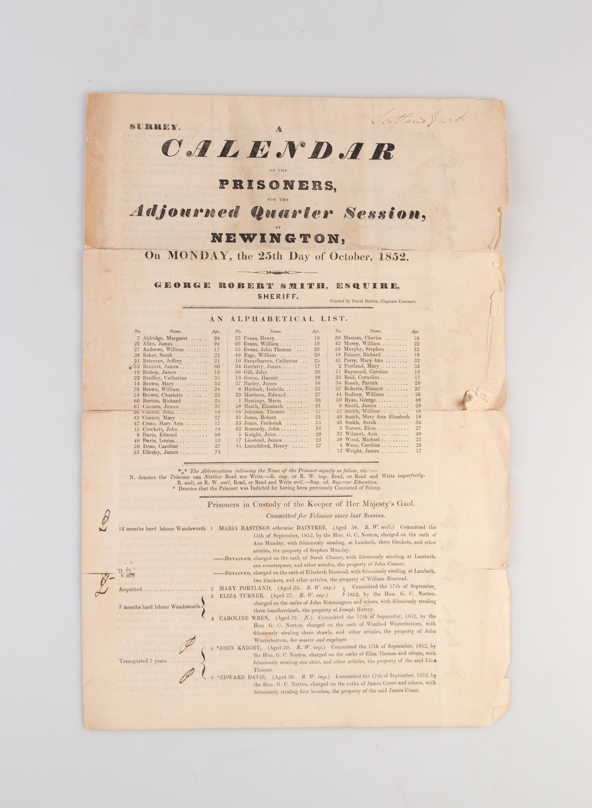 A Calendar of the Prisoners, for the Adjourned Quarter Session, at Newington, on Monday, the 25th Day of October, 1852.