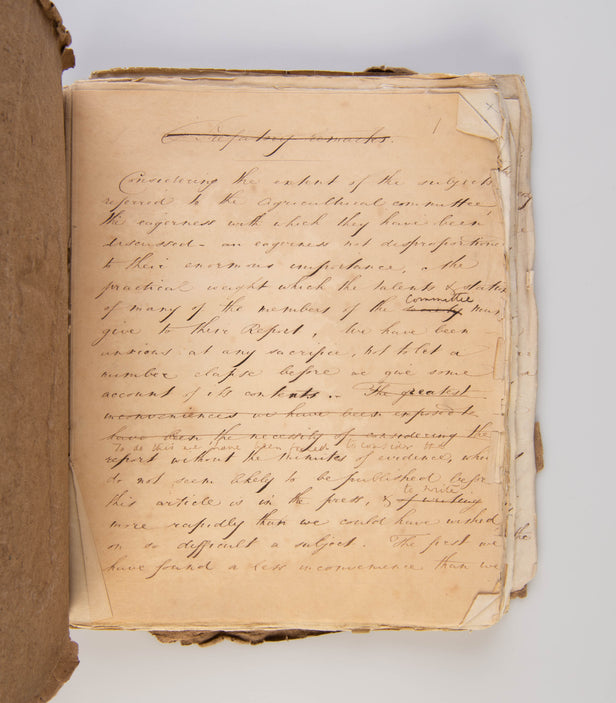 Original scribal manuscript draft, with numerous manuscript corrections, of Senior's 'Report - On the State of Agriculture'. Published anonymously in the Quarterly Review (July 1821), pp. 467-504.