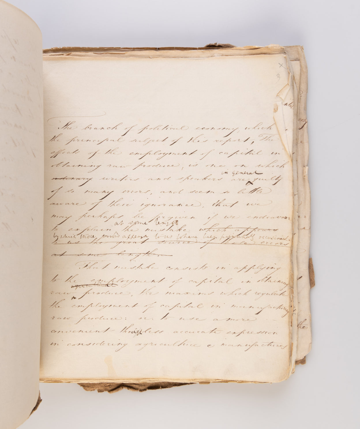Original scribal manuscript draft, with numerous manuscript corrections, of Senior's 'Report - On the State of Agriculture'. Published anonymously in the Quarterly Review (July 1821), pp. 467-504.
