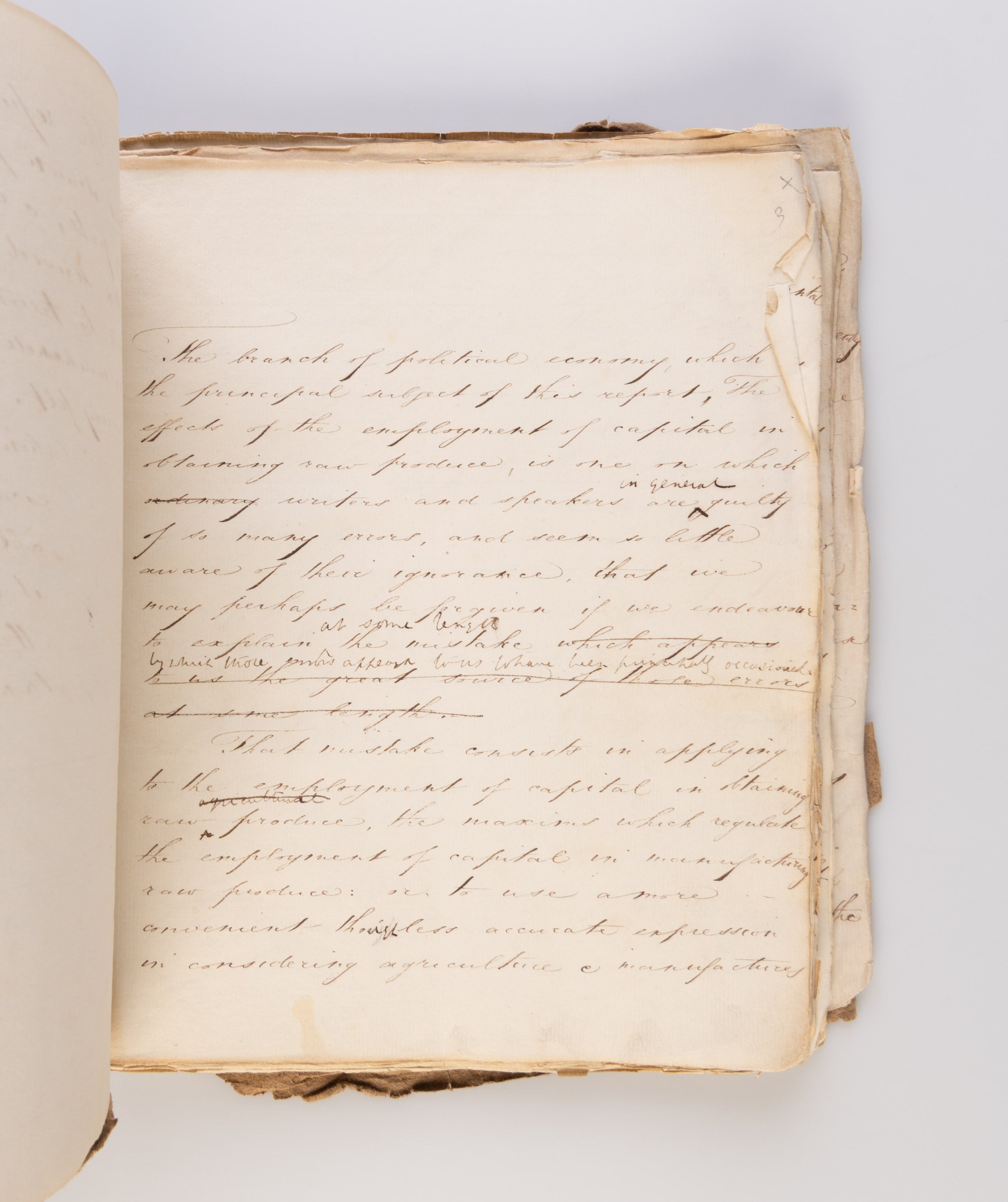 Original scribal manuscript draft, with numerous manuscript corrections, of Senior's 'Report - On the State of Agriculture'. Published anonymously in the Quarterly Review (July 1821), pp. 467-504.