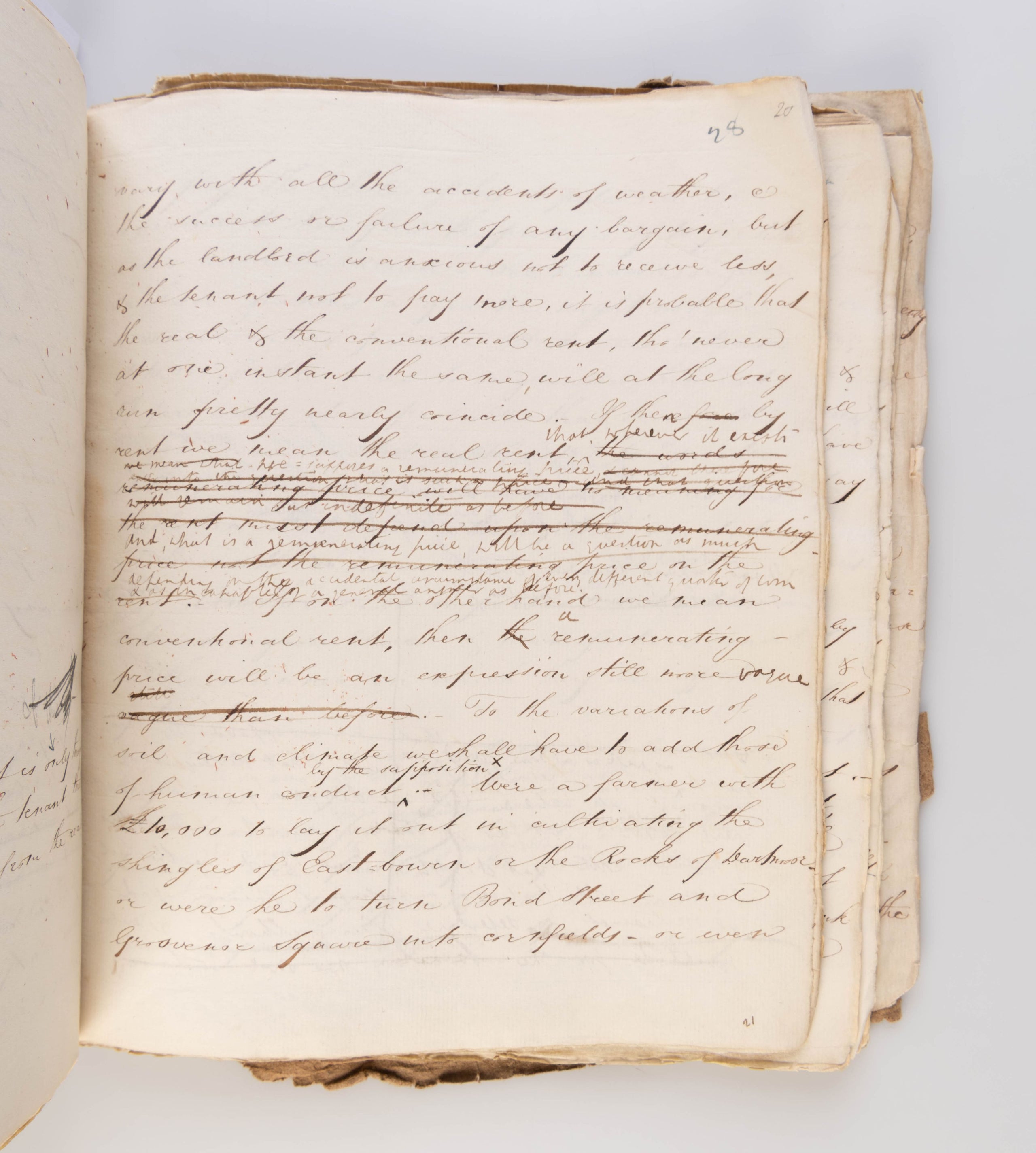 Original scribal manuscript draft, with numerous manuscript corrections, of Senior's 'Report - On the State of Agriculture'. Published anonymously in the Quarterly Review (July 1821), pp. 467-504.