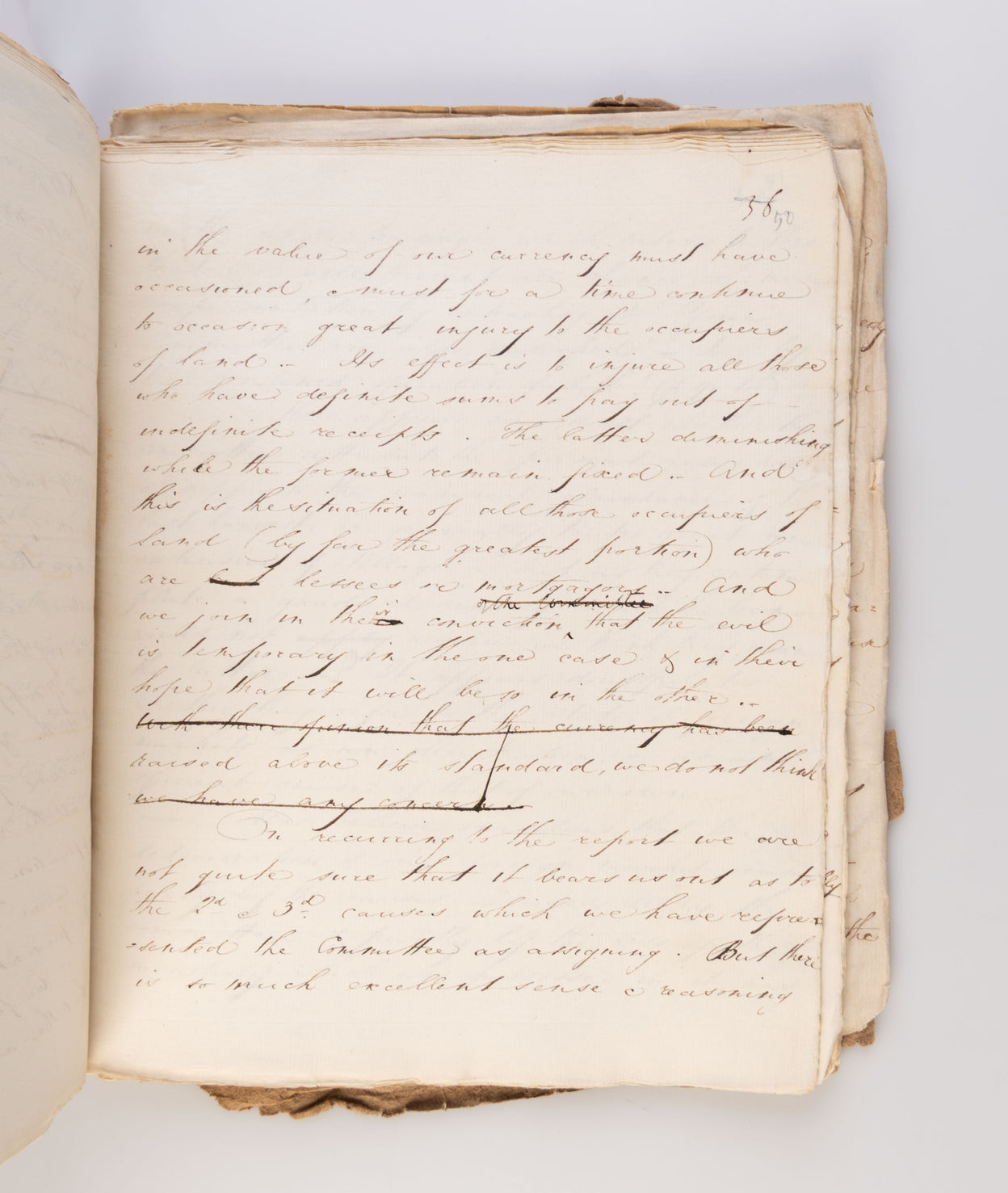 Original scribal manuscript draft, with numerous manuscript corrections, of Senior's 'Report - On the State of Agriculture'. Published anonymously in the Quarterly Review (July 1821), pp. 467-504.