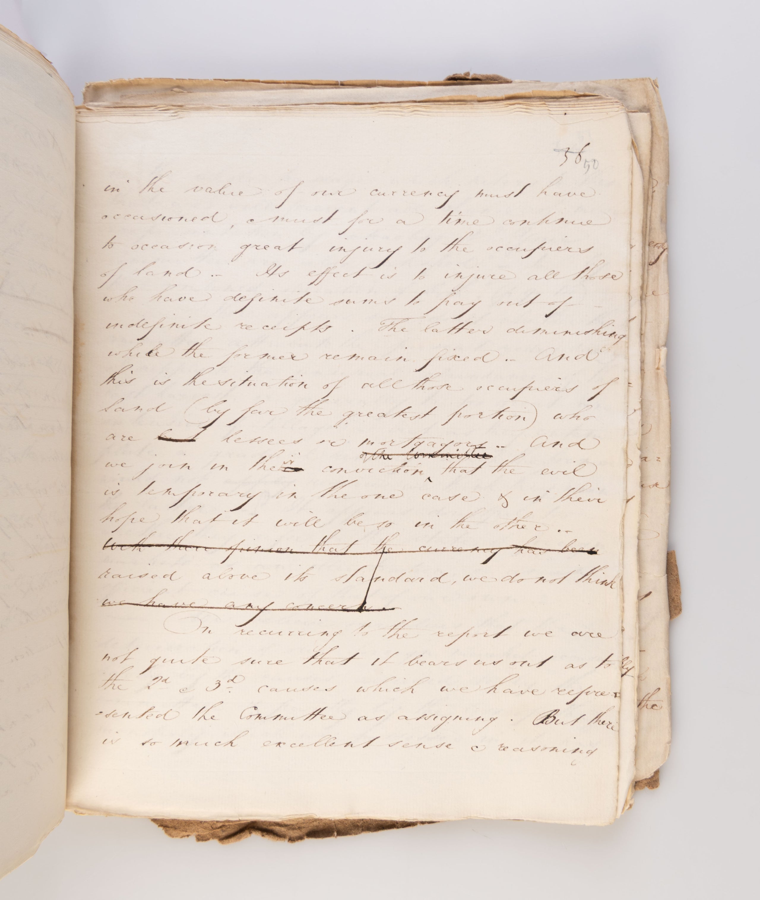 Original scribal manuscript draft, with numerous manuscript corrections, of Senior's 'Report - On the State of Agriculture'. Published anonymously in the Quarterly Review (July 1821), pp. 467-504.