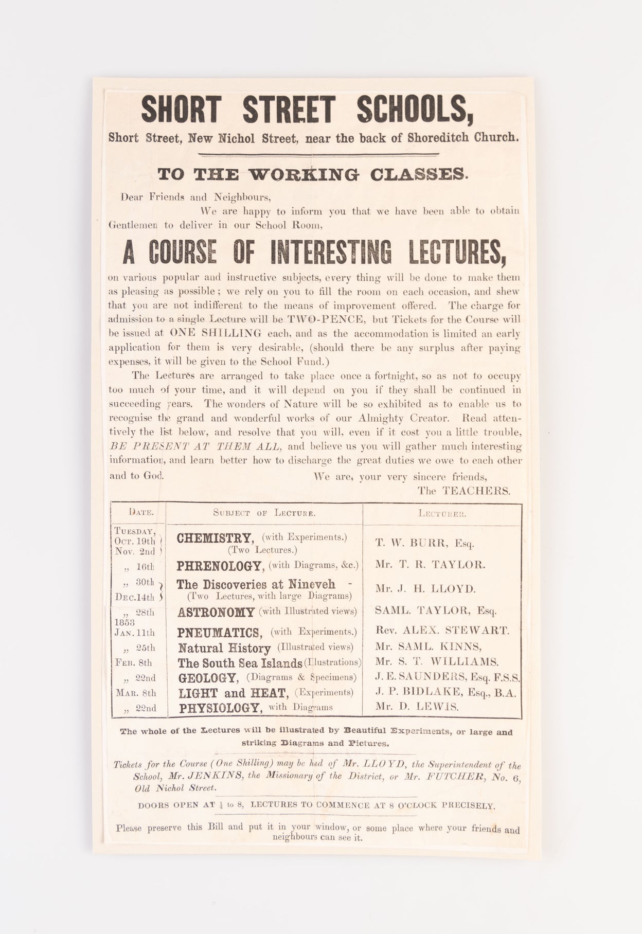 Short Street Schools...To the Working Classes...A Course of Interesting Lectures.
