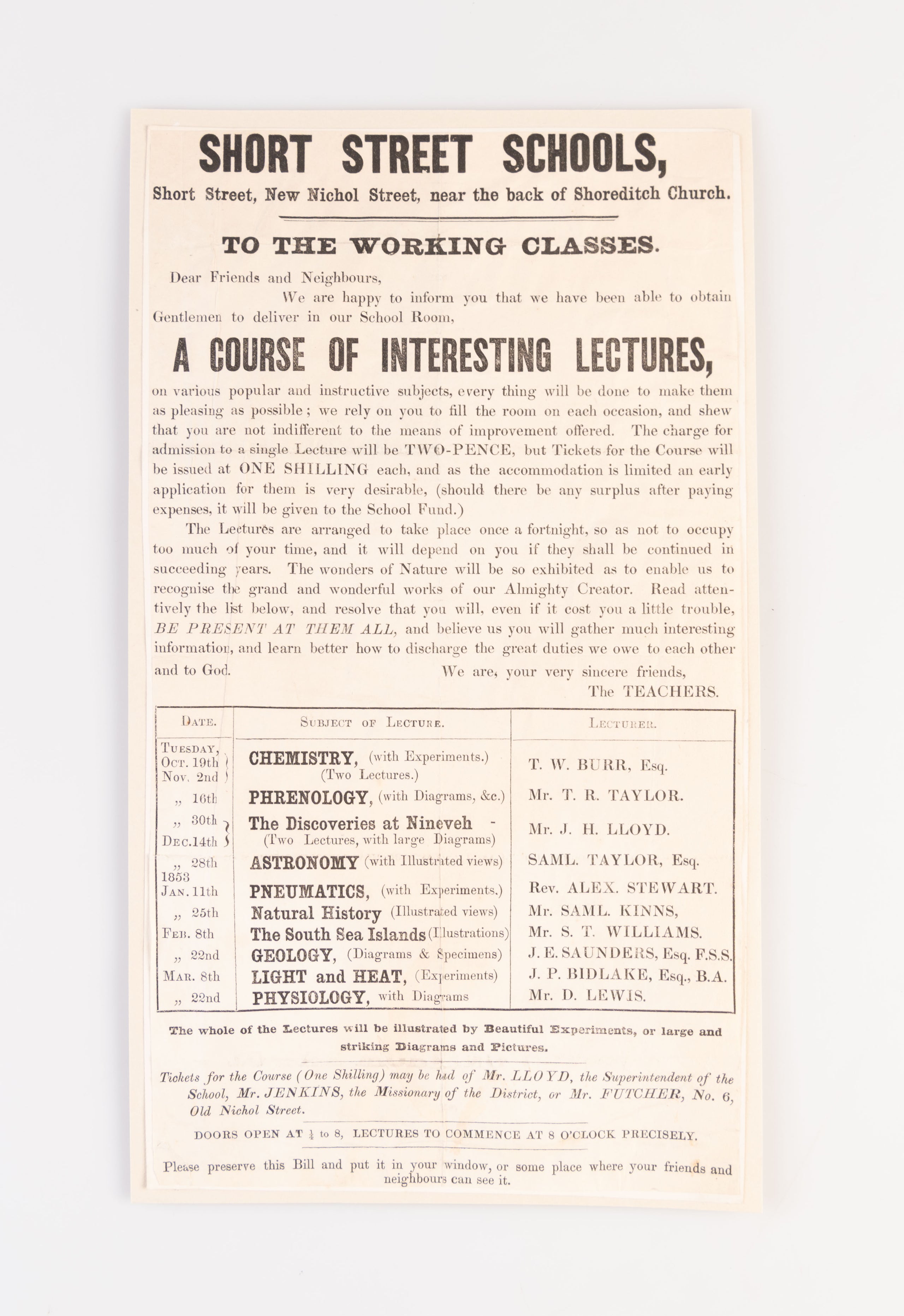 Short Street Schools...To the Working Classes...A Course of Interesting Lectures.