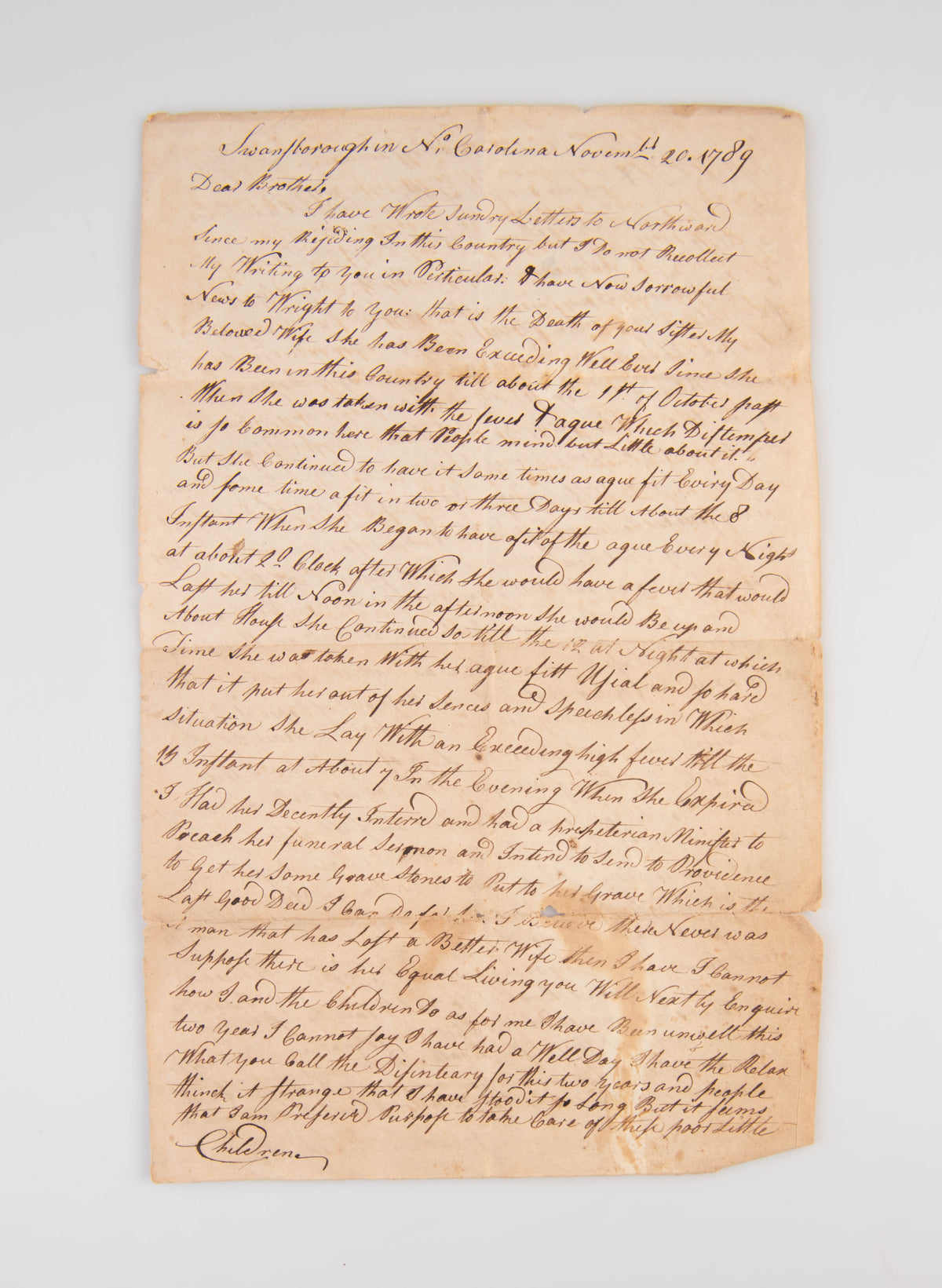 [Letter by a Connecticut Man Who Settled in Coastal North Carolina in the 1780s.]