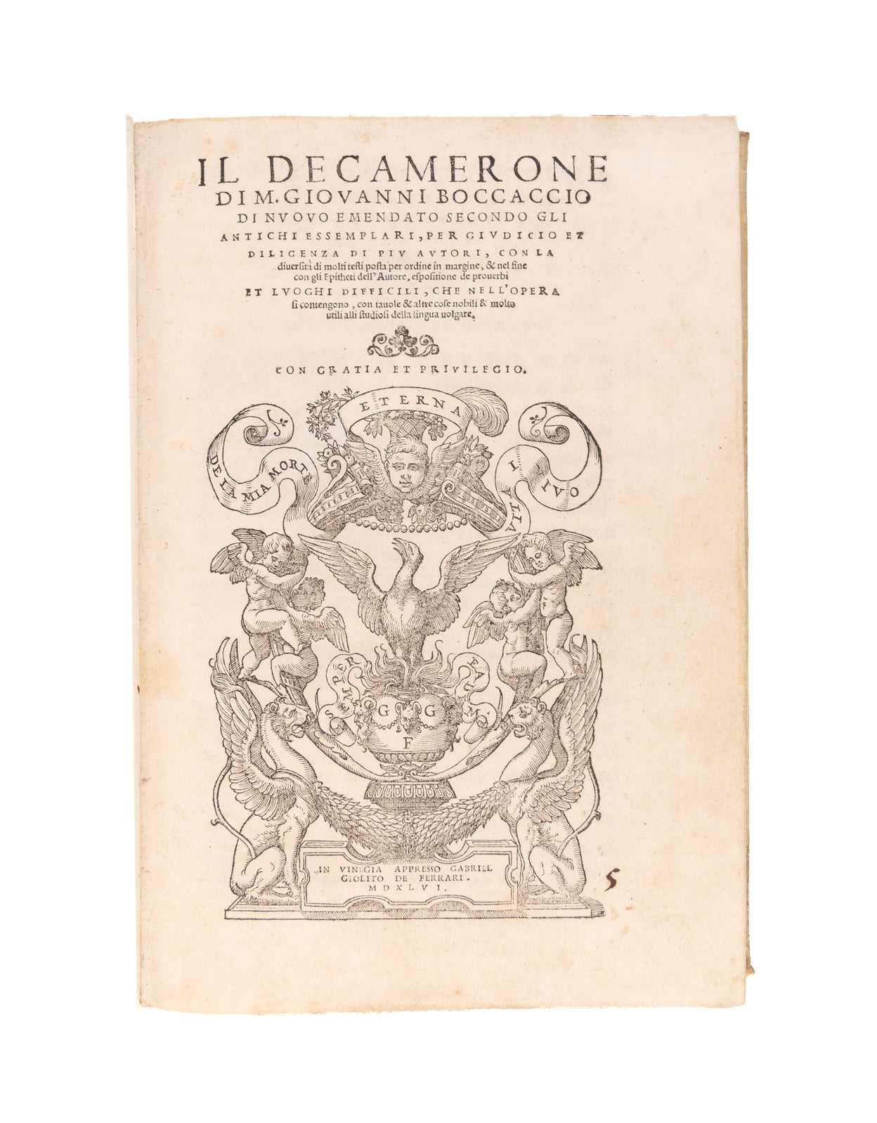 Il Decamerone di M. Giovanni Boccaccio di nuovo emendato secondo gli antichi esemplari, per giudicio et diligenza di piu autori. (with:) SANSOVINO (Francesco). Dichiaratione di tutti i vocaboli.