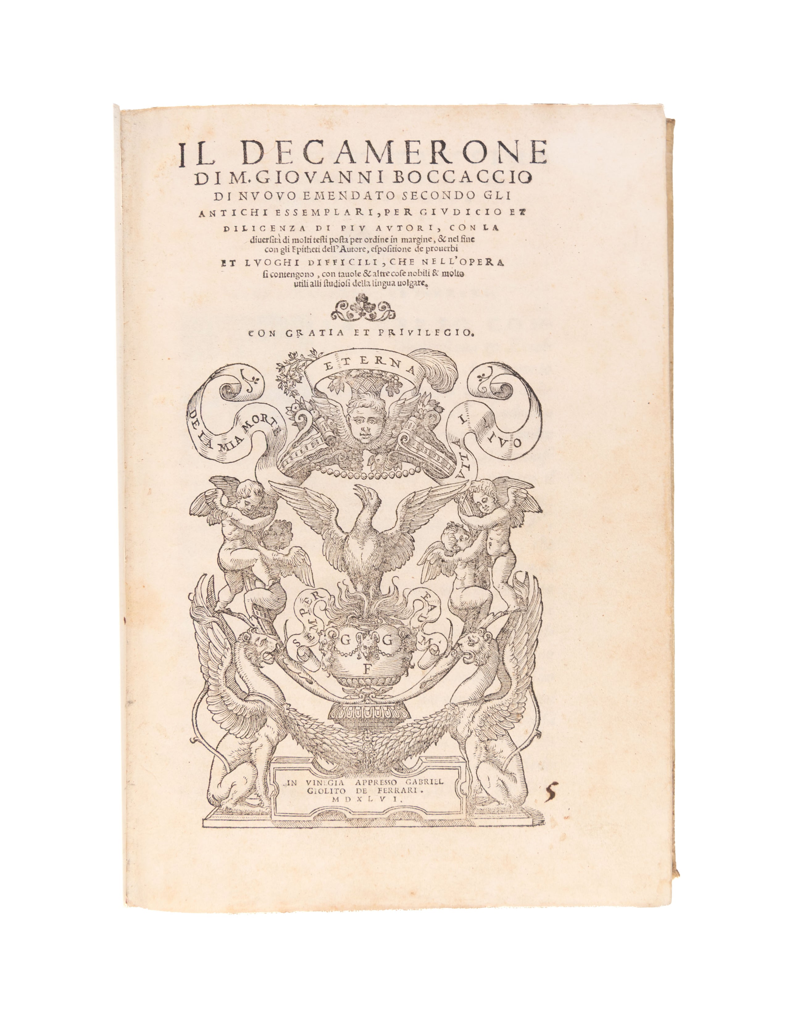 Il Decamerone di M. Giovanni Boccaccio di nuovo emendato secondo gli antichi esemplari, per giudicio et diligenza di piu autori. (with:) SANSOVINO (Francesco). Dichiaratione di tutti i vocaboli.