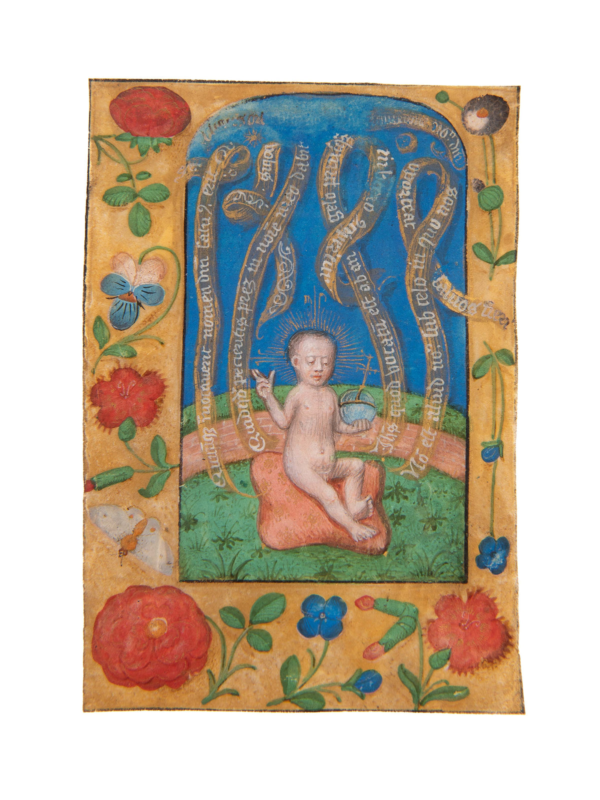 The Christ Child with hand raised in blessing and holding the cross-bearing orb, and surrounded by banderoles with devotional text, miniature from a Book of Hours, illuminated manuscript on vellum.