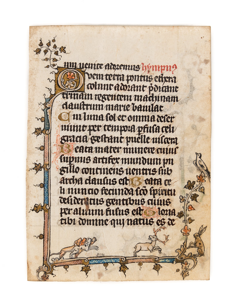 Illuminated leaf on vellum from a Book of Hours, of Dominican Use, with a stag hunt in its bas-de-page.