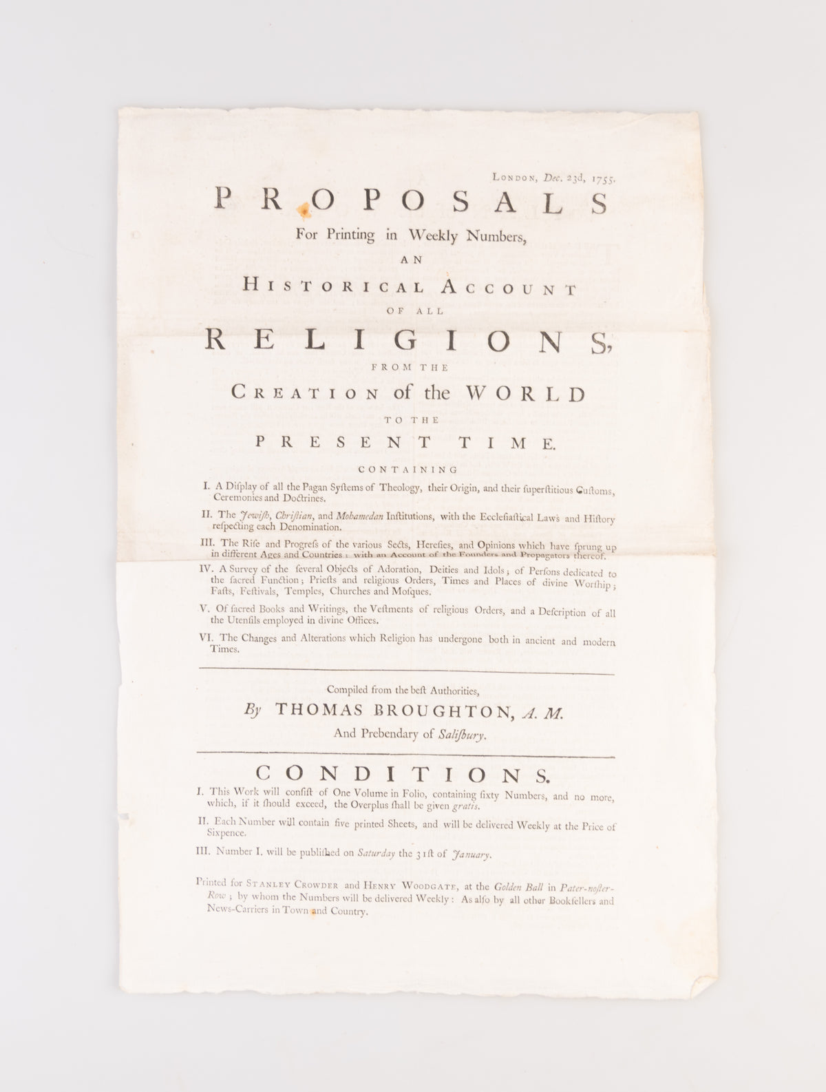 Proposals for Printing in Weekly Numbers, an Historical Account of all Religions, from the Creation of the World to the Present Time.