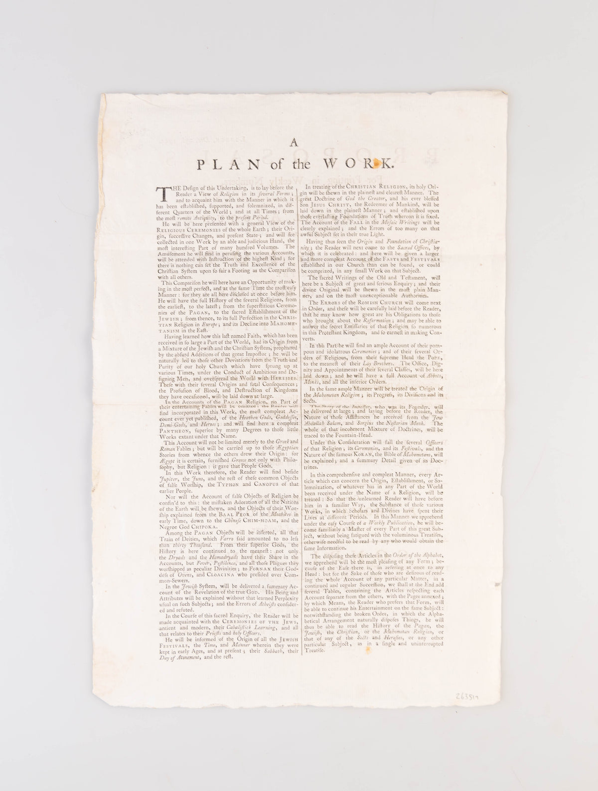 Proposals for Printing in Weekly Numbers, an Historical Account of all Religions, from the Creation of the World to the Present Time.