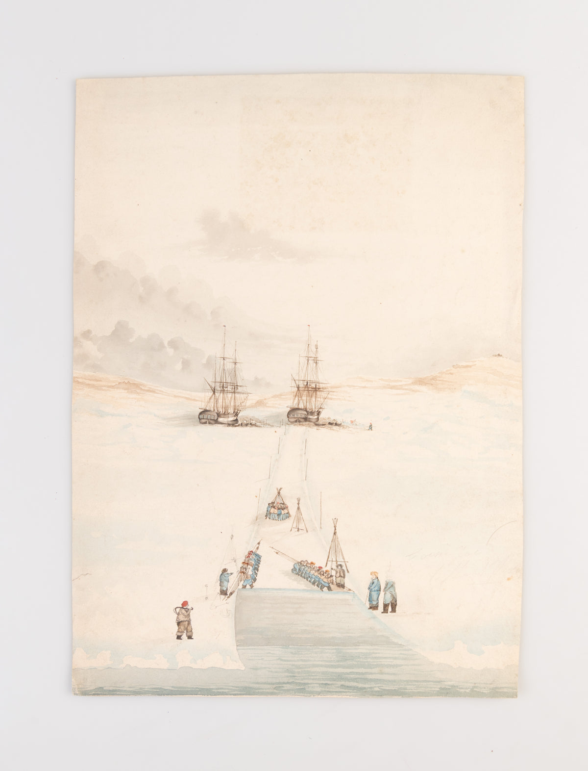 [Watercolour sketch of members of Sir William Edward Parry's 1821 Northwest Passage Expedition cutting an ice channel to HMS Hecla and HMS Fury.]