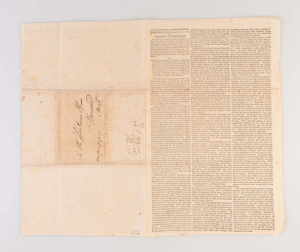 Democrat Extra: July 21, 1812. Prompt Patriotism. At a convention of republican delegates ... The following report and resolutions, were unanimously adopted ...