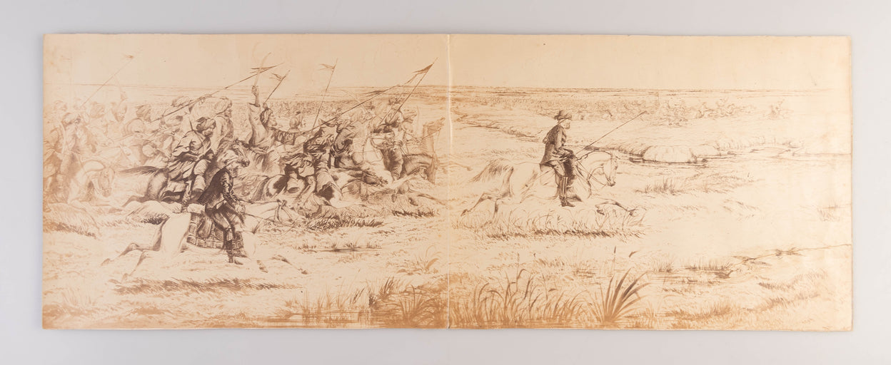 Two photographic prints of drawings depicting panoramic scenes from the Indian Uprising and Second Opium War.