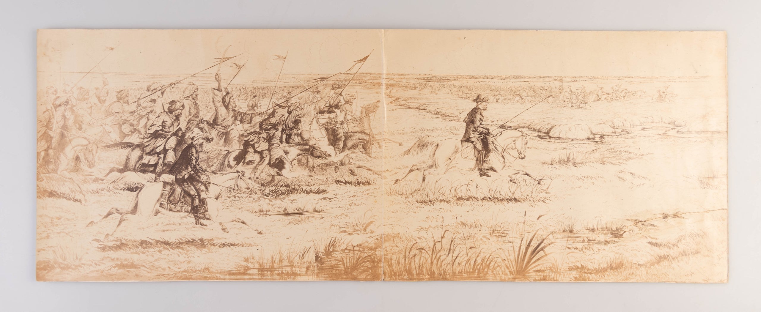 Two photographic prints of drawings depicting panoramic scenes from the Indian Uprising and Second Opium War.