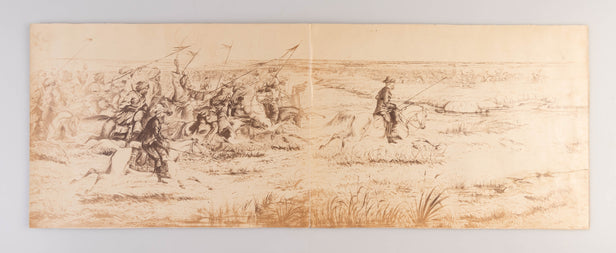 Two photographic prints of drawings depicting panoramic scenes from the Indian Uprising and Second Opium War.