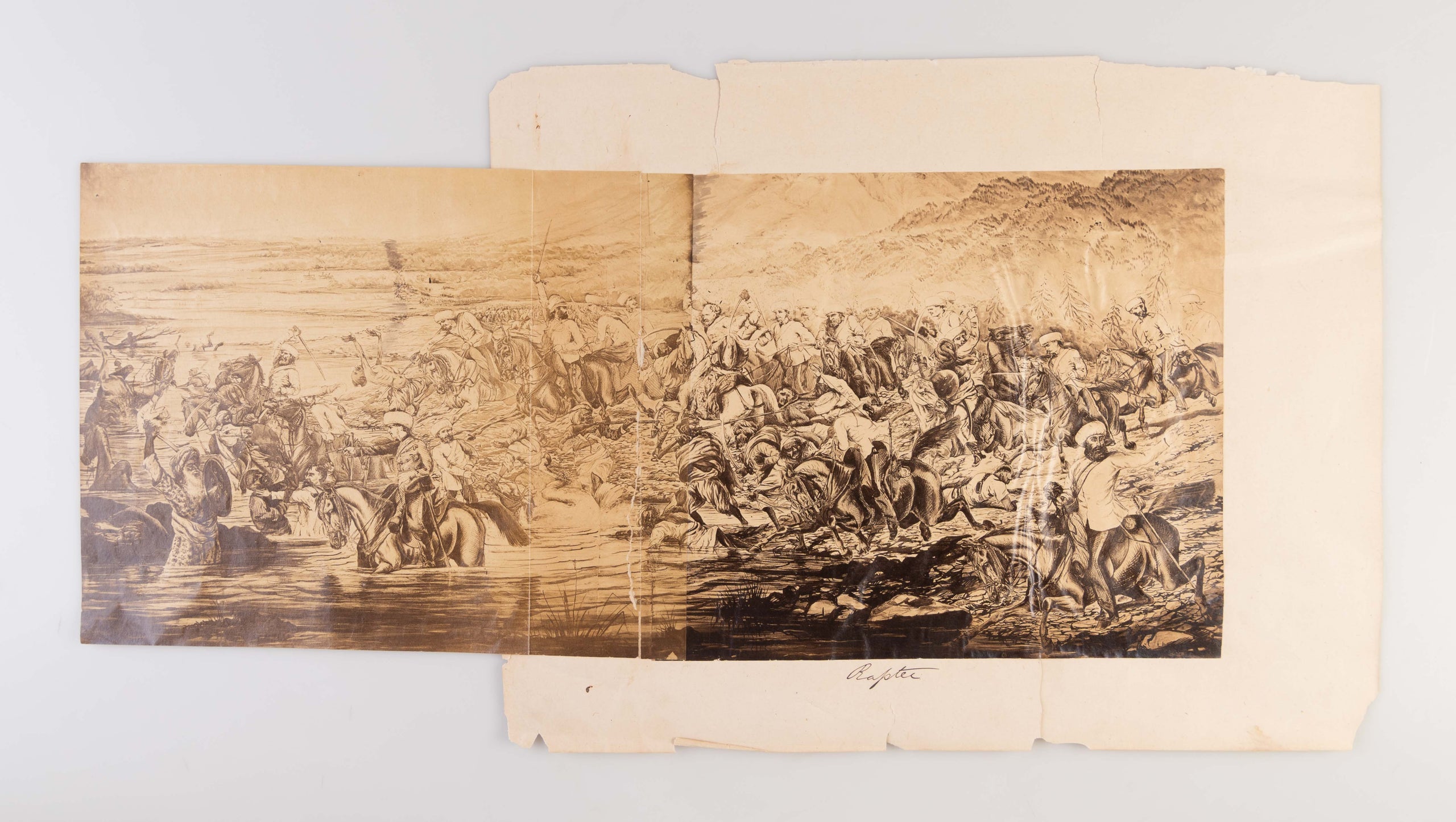 Two photographic prints of drawings depicting panoramic scenes from the Indian Uprising and Second Opium War.