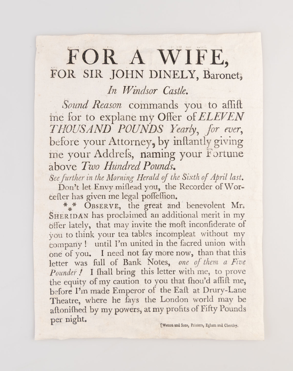 A collection of printed documents and an ALS related to John Dinely's search for a wife.