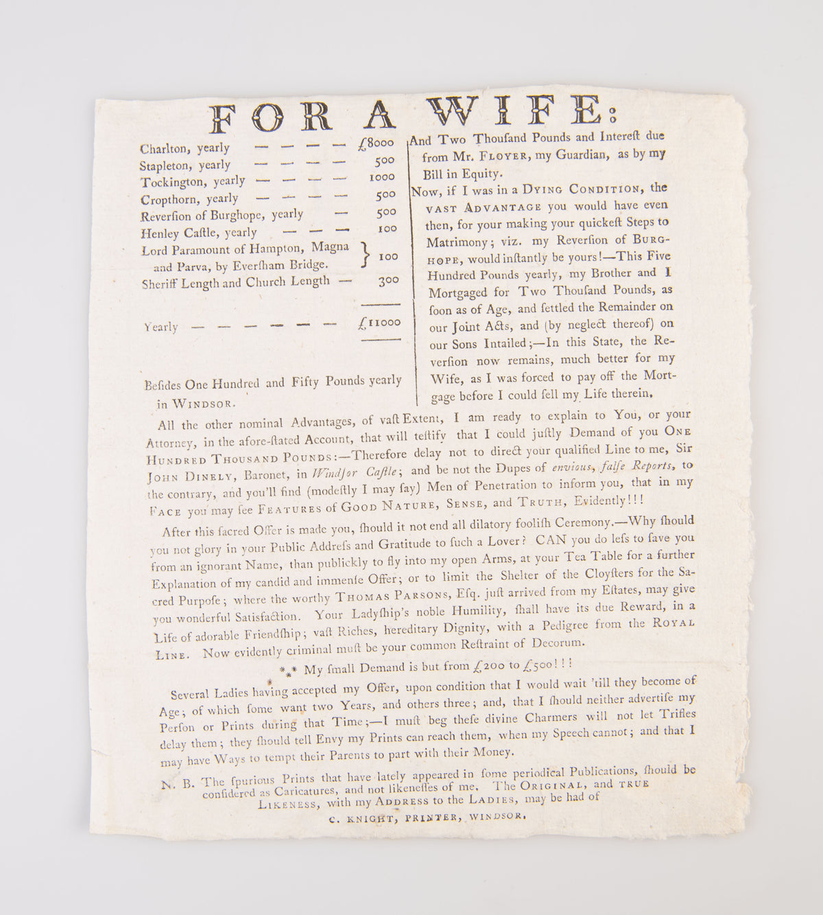 A collection of printed documents and an ALS related to John Dinely's search for a wife.