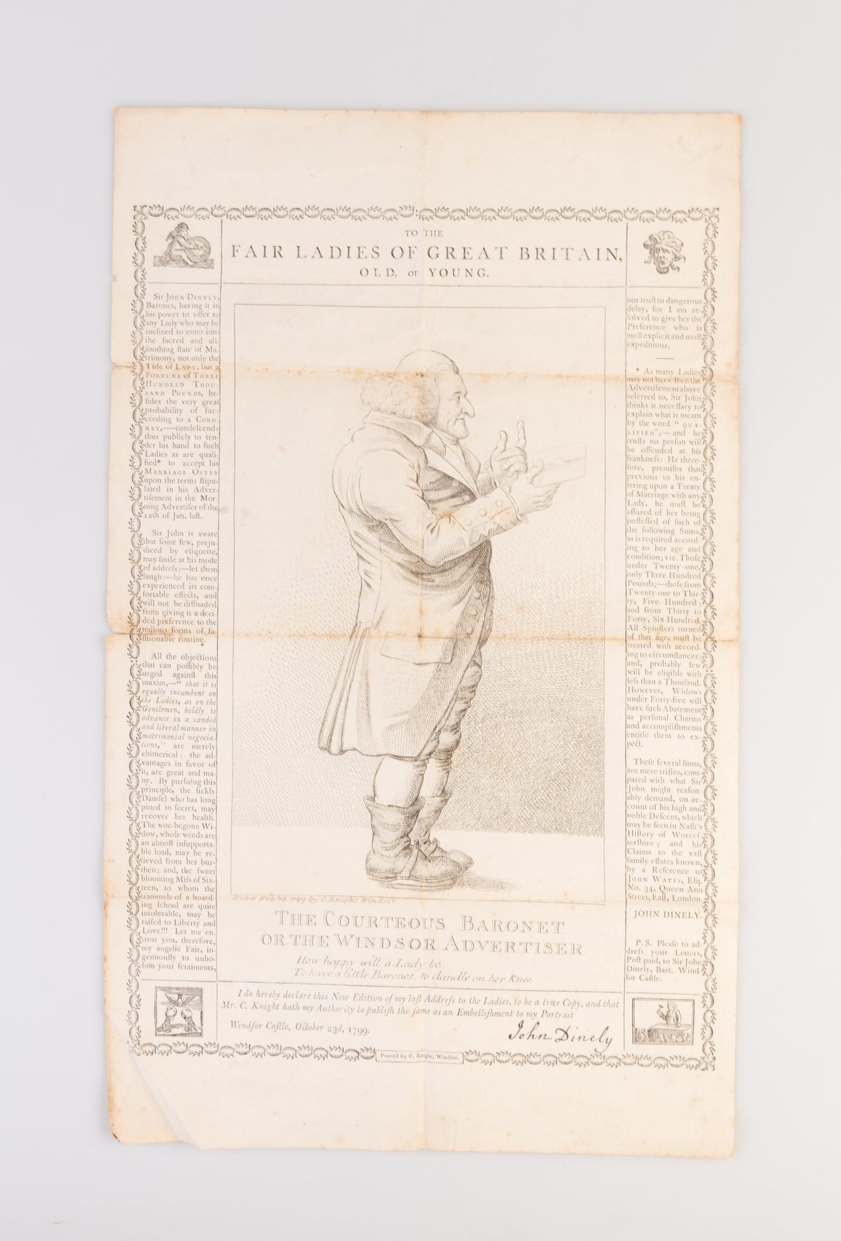 A collection of printed documents and an ALS related to John Dinely's search for a wife.