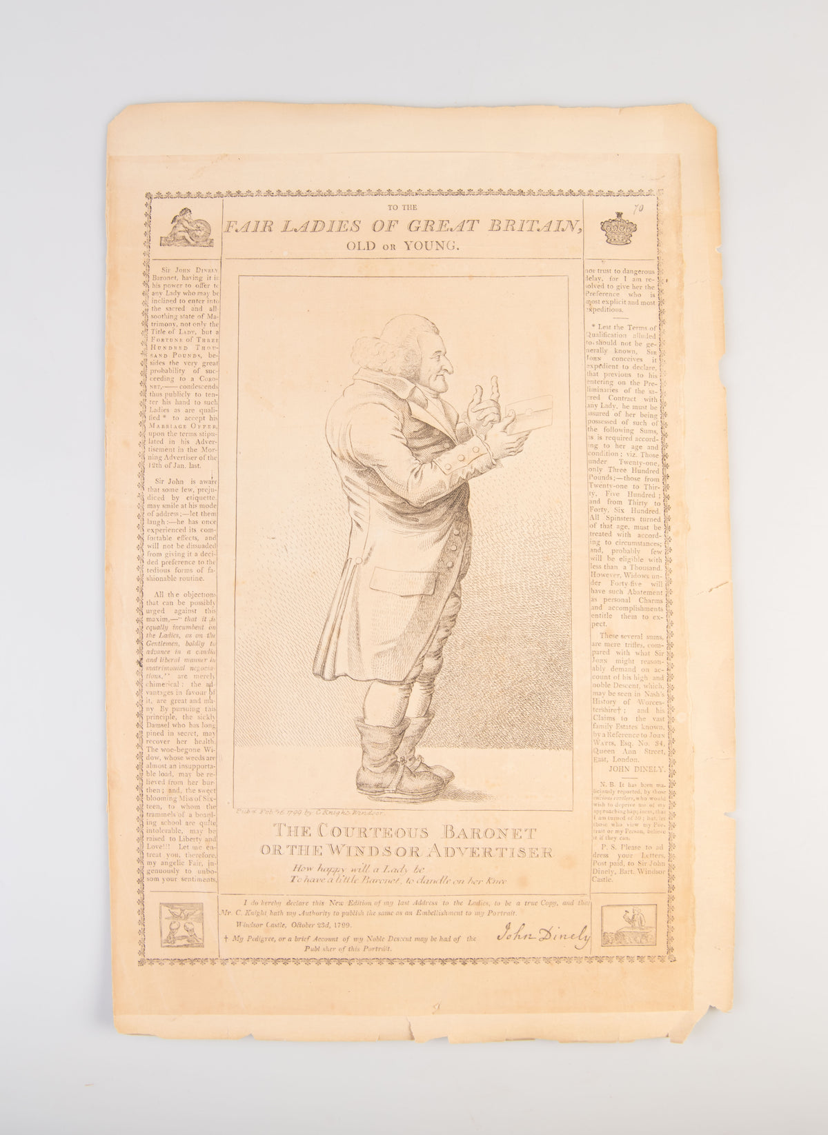 A collection of printed documents and an ALS related to John Dinely's search for a wife.