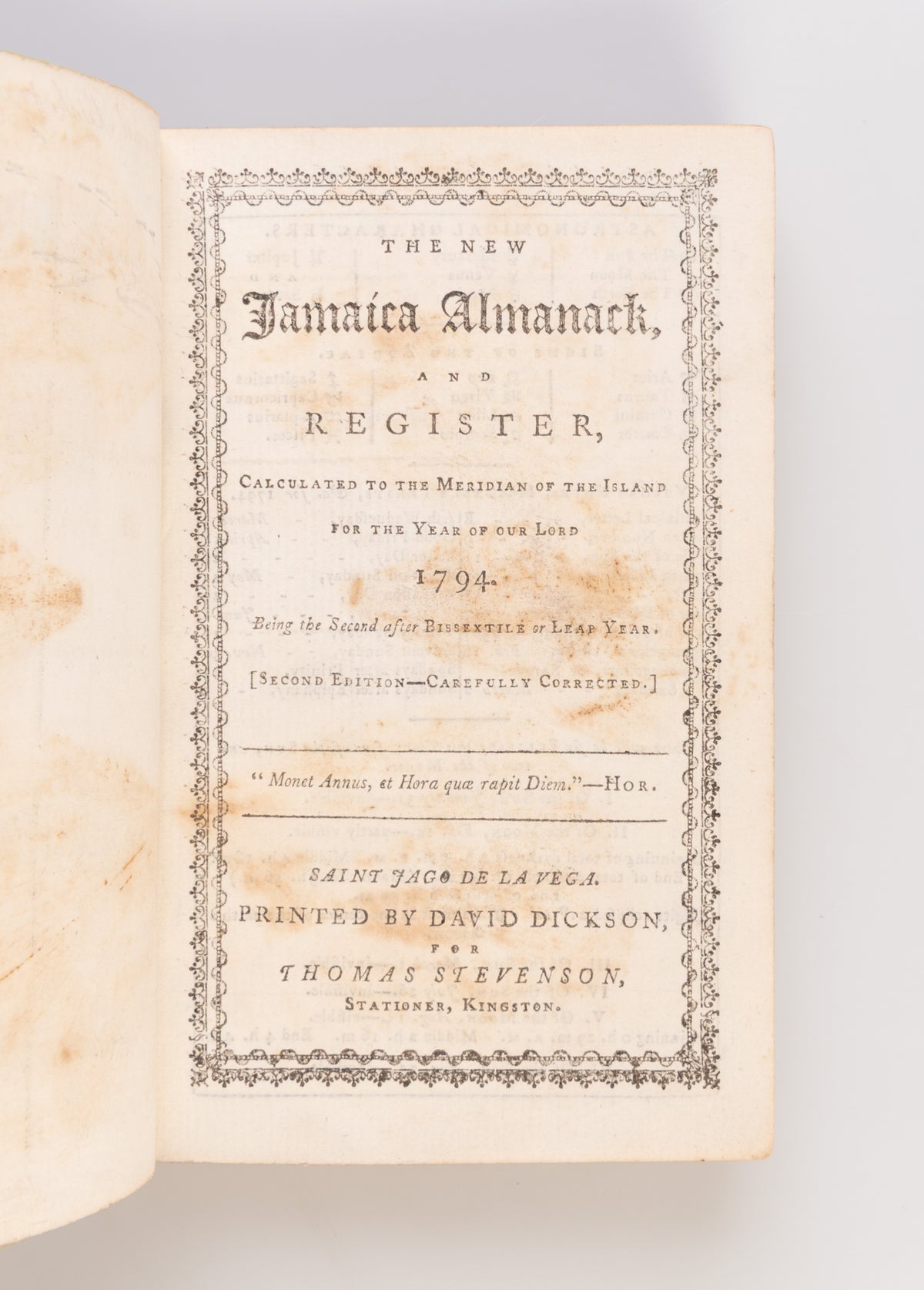 The New Jamaica Almanack, and register, Calculated to the Meridian of the Island for the Year of our Lord 1794. Being the Second after Bissextile or Leap Year.