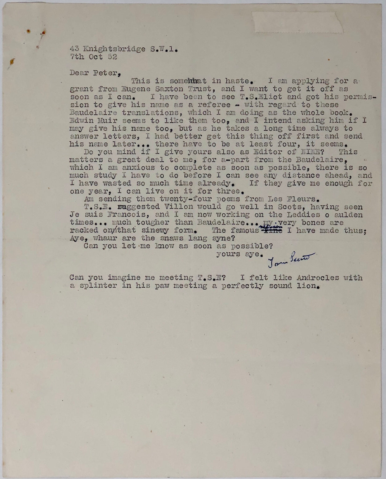 Four Typed Letters, signed, to Peter Russell.
