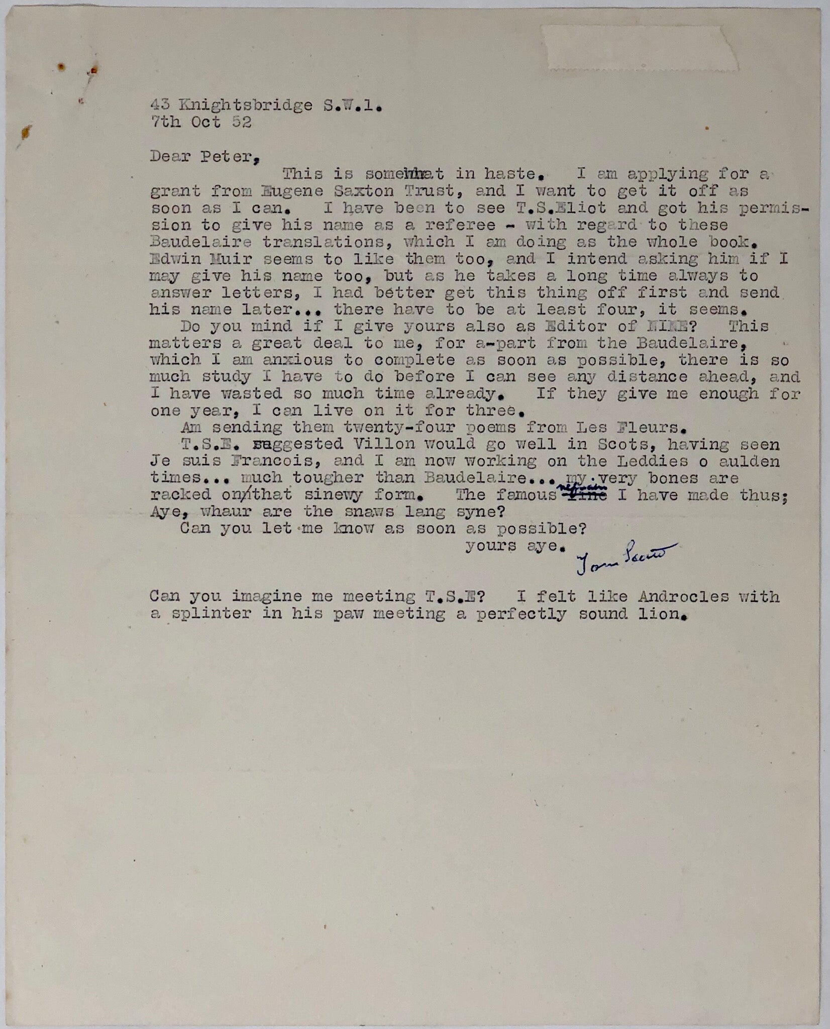 Four Typed Letters, signed, to Peter Russell.