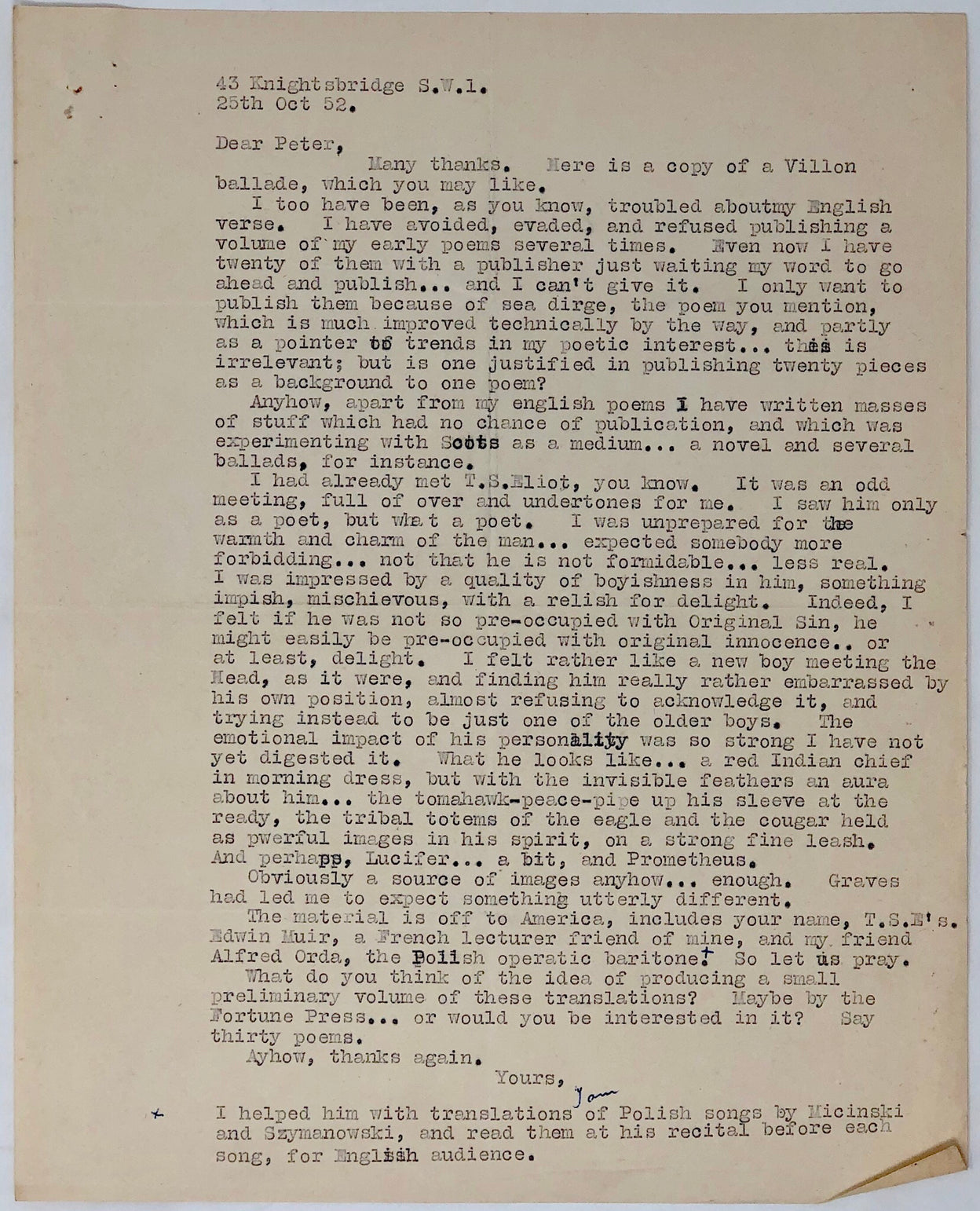 Four Typed Letters, signed, to Peter Russell.