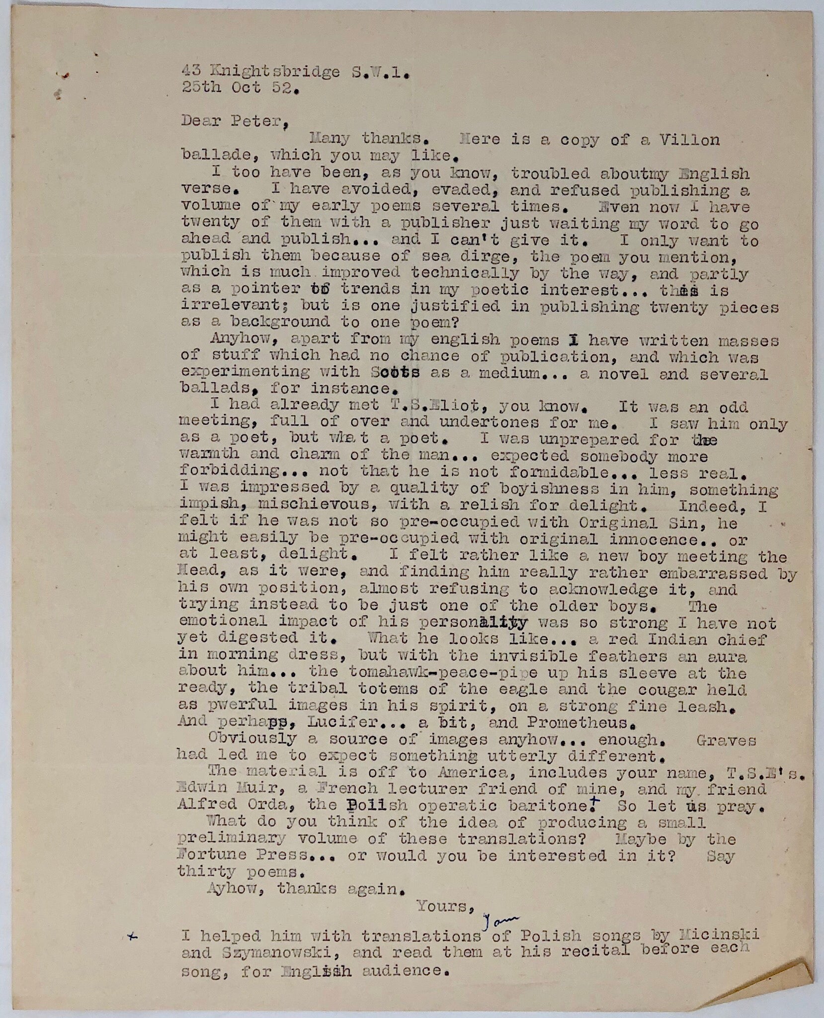 Four Typed Letters, signed, to Peter Russell.